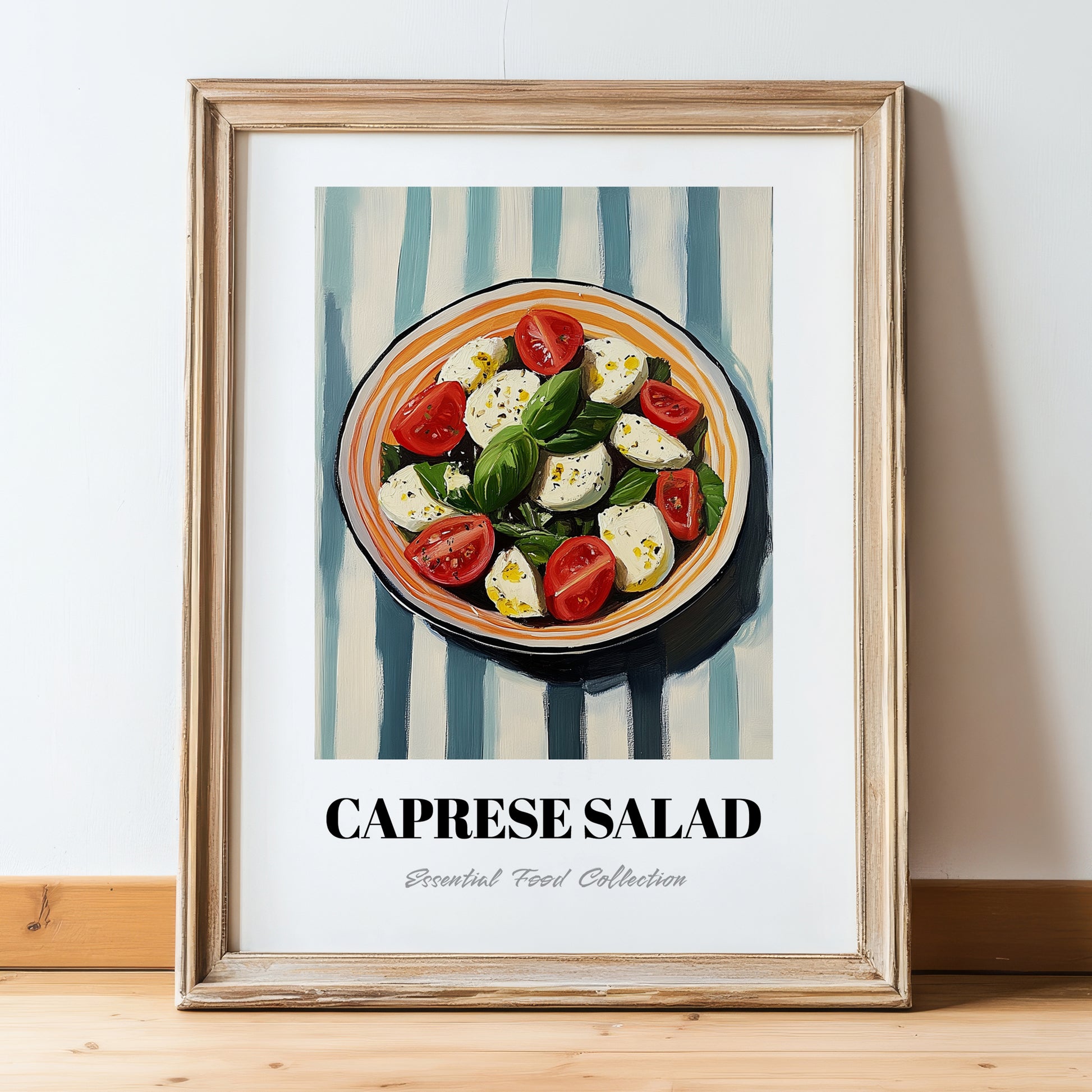 Caprese Salad – on Striped Tablecloth, Italian Food Print, in wooden frame leaning on the floor
