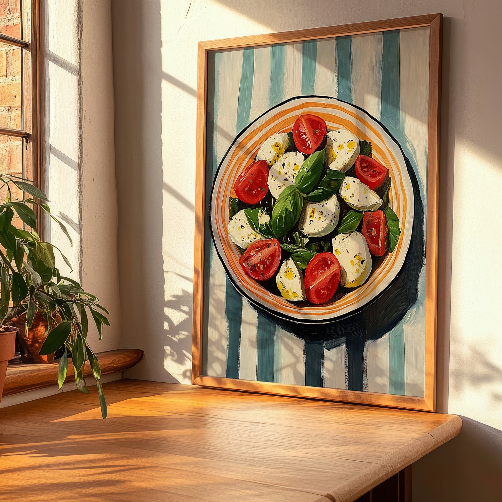 Caprese Salad – on Striped Tablecloth, Italian Food Print, clean layout with no caption