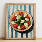 Caprese Salad – on Striped Tablecloth, Italian Food Print, no-text version framed in wood
