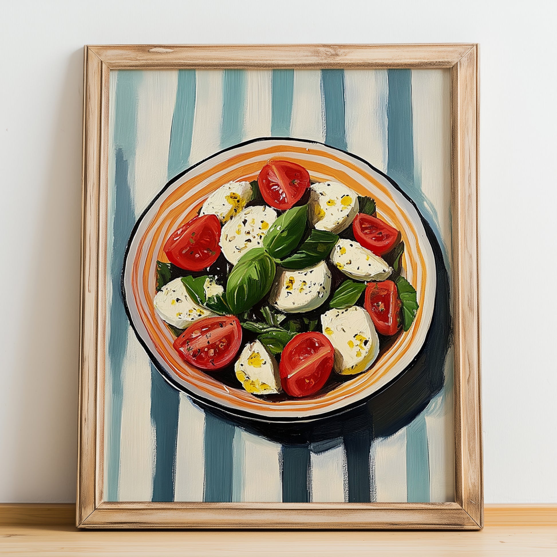 Caprese Salad – on Striped Tablecloth, Italian Food Print, no-text version framed in wood