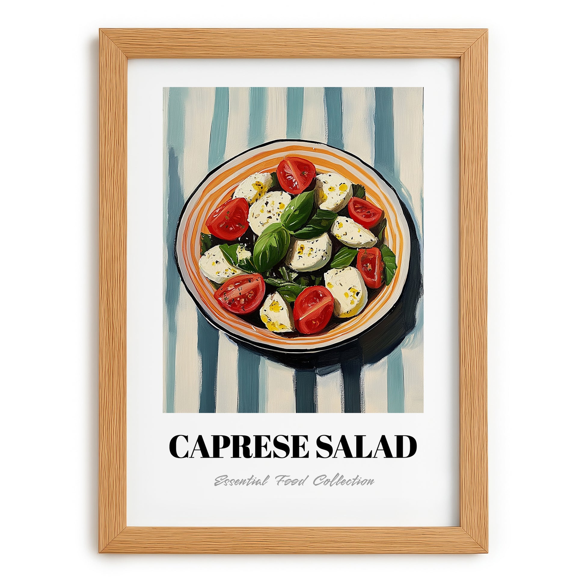 Caprese Salad – on Striped Tablecloth, Italian Food Print, set in oak frame