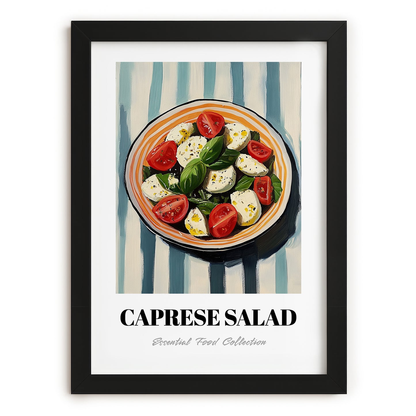 Caprese Salad – on Striped Tablecloth, Italian Food Print, in sleek black frame