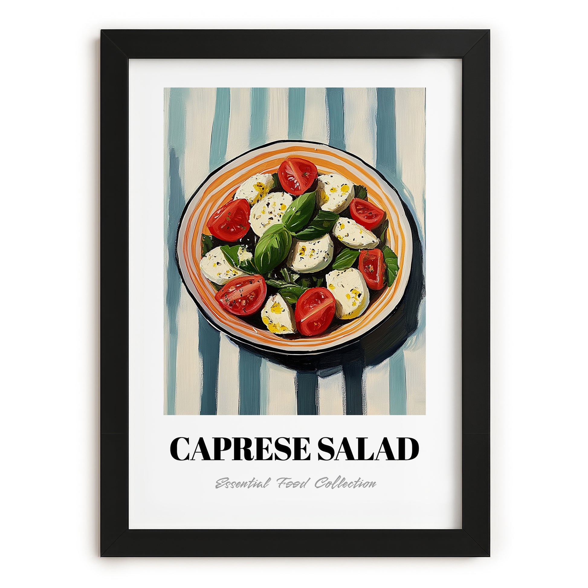 Caprese Salad – on Striped Tablecloth, Italian Food Print, in sleek black frame