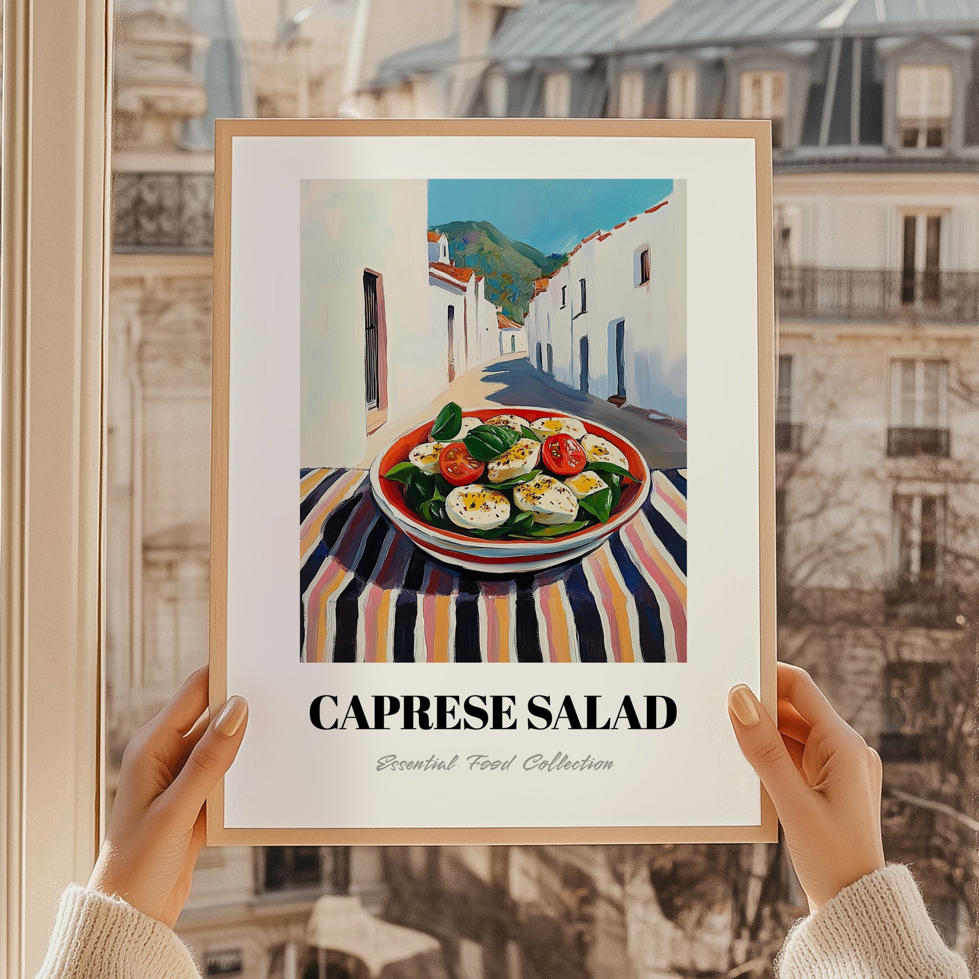 Caprese Salad – White village Urban Café Scene, Italian Food Wall Decor, styled in a charming Paris street view