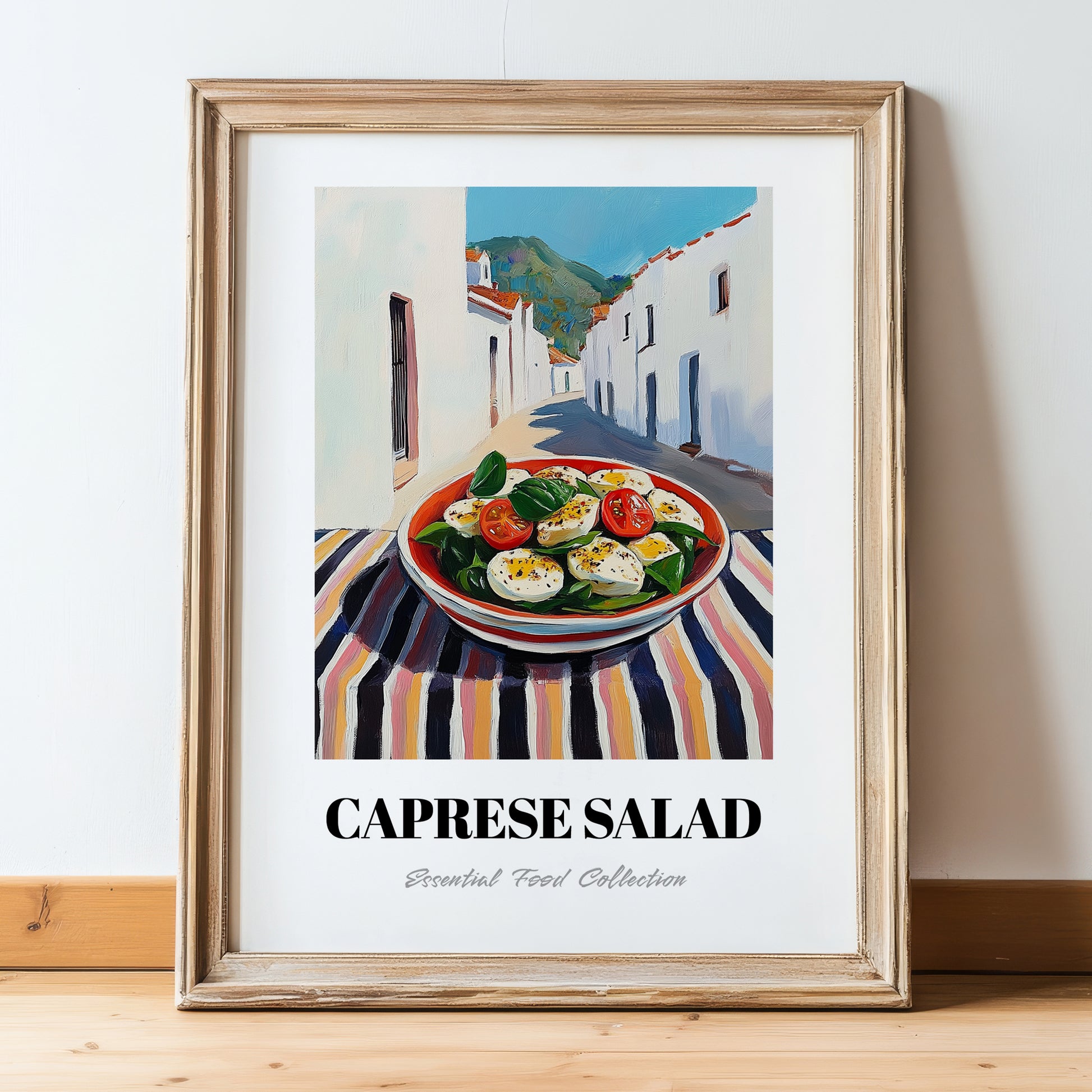 Caprese Salad – White village Urban Café Scene, Italian Food Wall Decor, in wooden frame leaning on the floor
