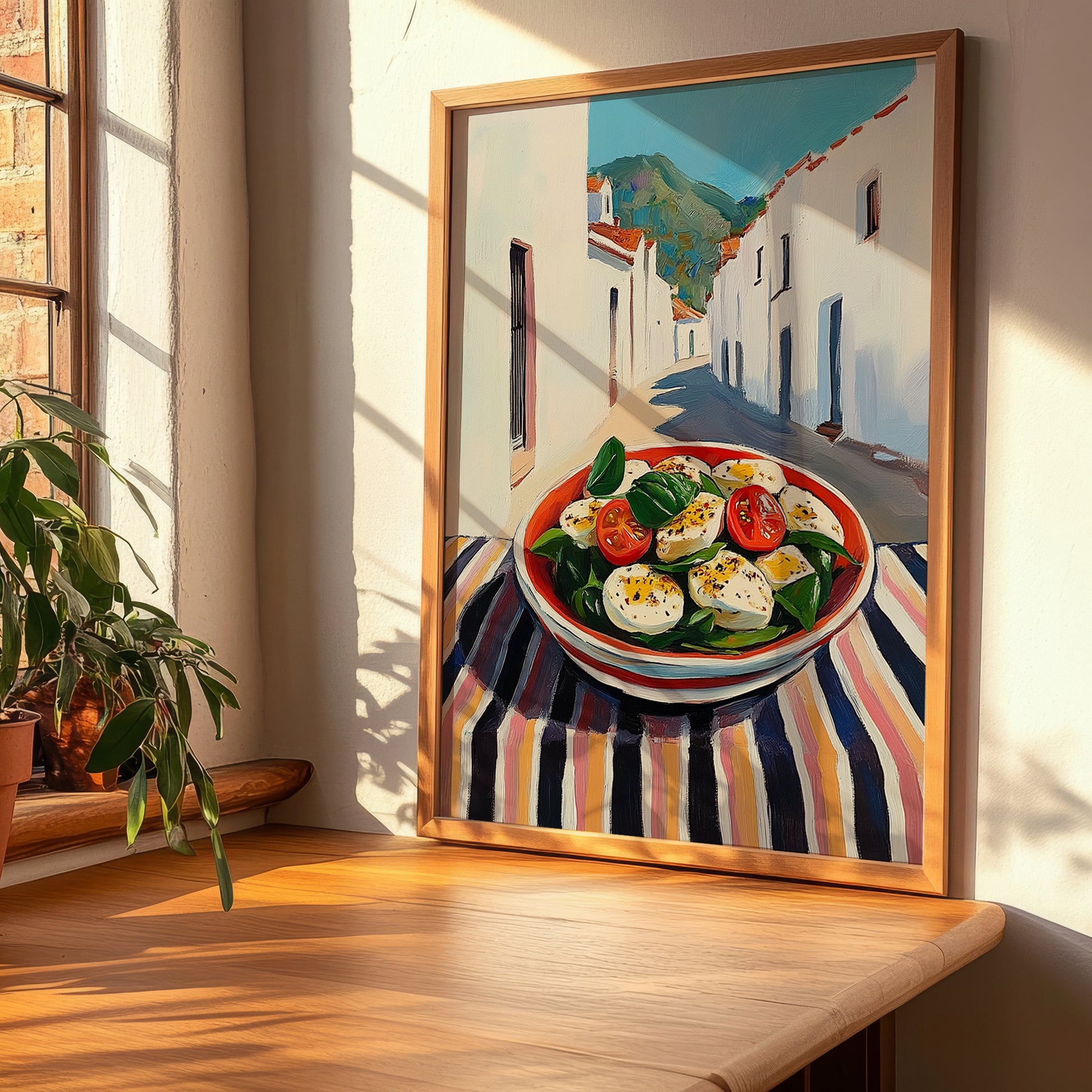 Caprese Salad – White village Urban Café Scene, Italian Food Wall Decor, clean layout with no caption