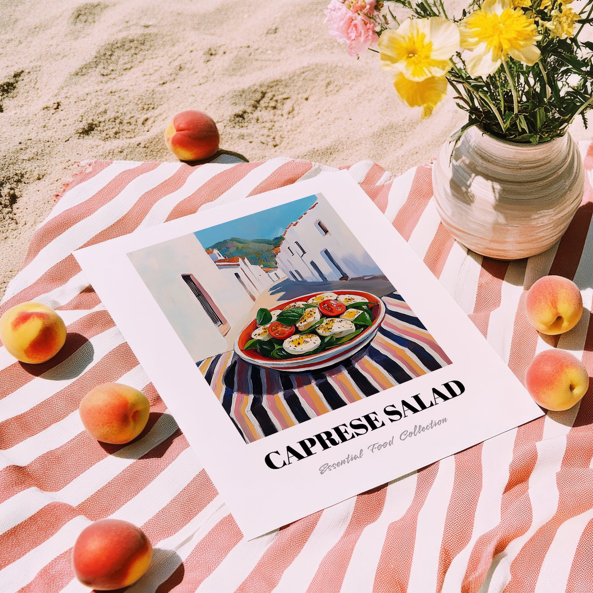 Caprese Salad – White village Urban Café Scene, Italian Food Wall Decor, unframed on coastal sand
