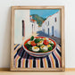 Caprese Salad – White village Urban Café Scene, Italian Food Wall Decor, no-text version framed in wood