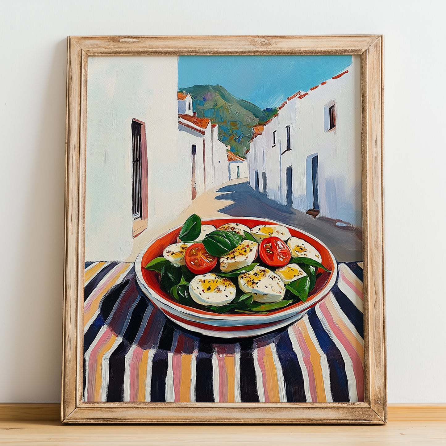 Caprese Salad – White village Urban Café Scene, Italian Food Wall Decor, no-text version framed in wood