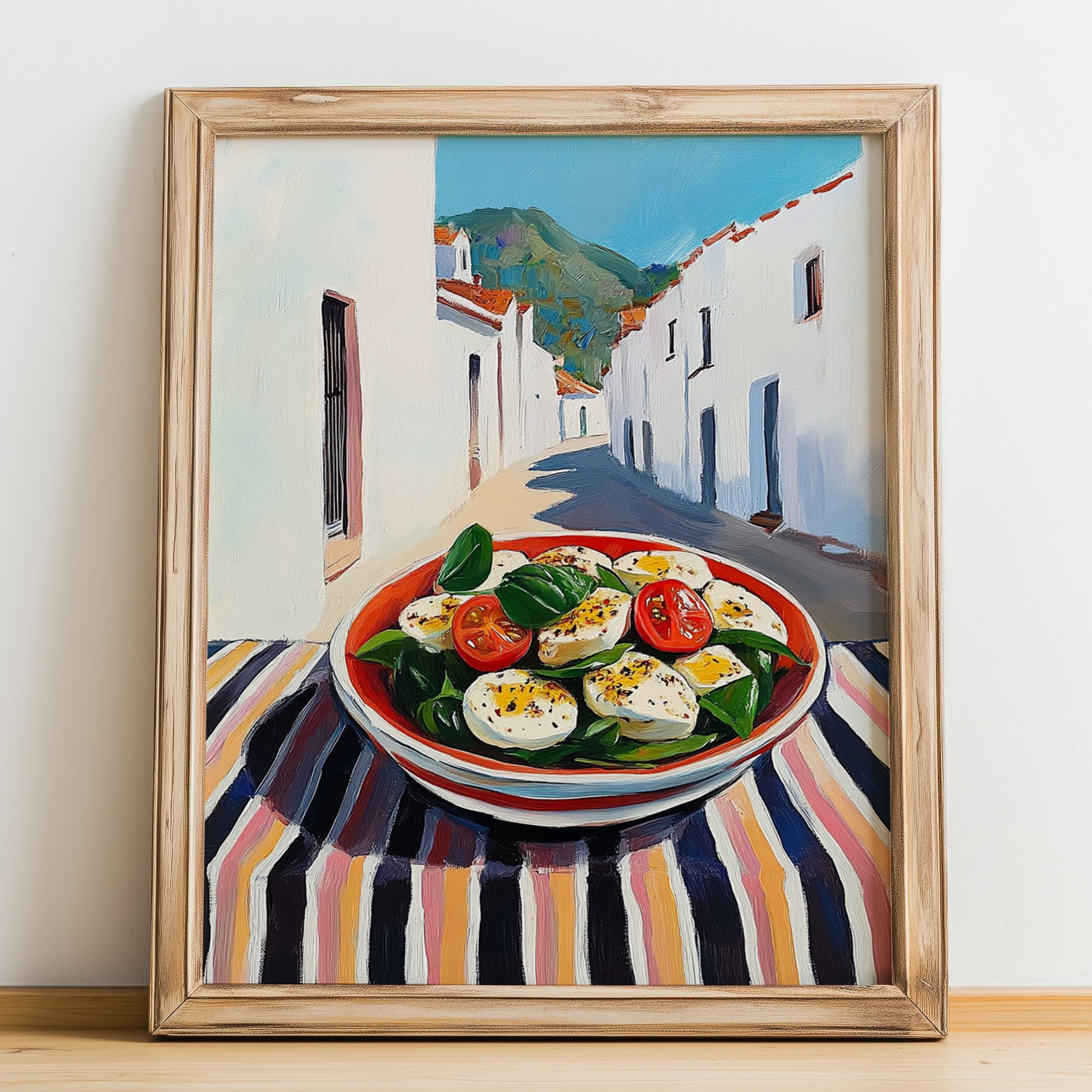 Caprese Salad – White village Urban Café Scene, Italian Food Wall Decor, no-text version framed in wood