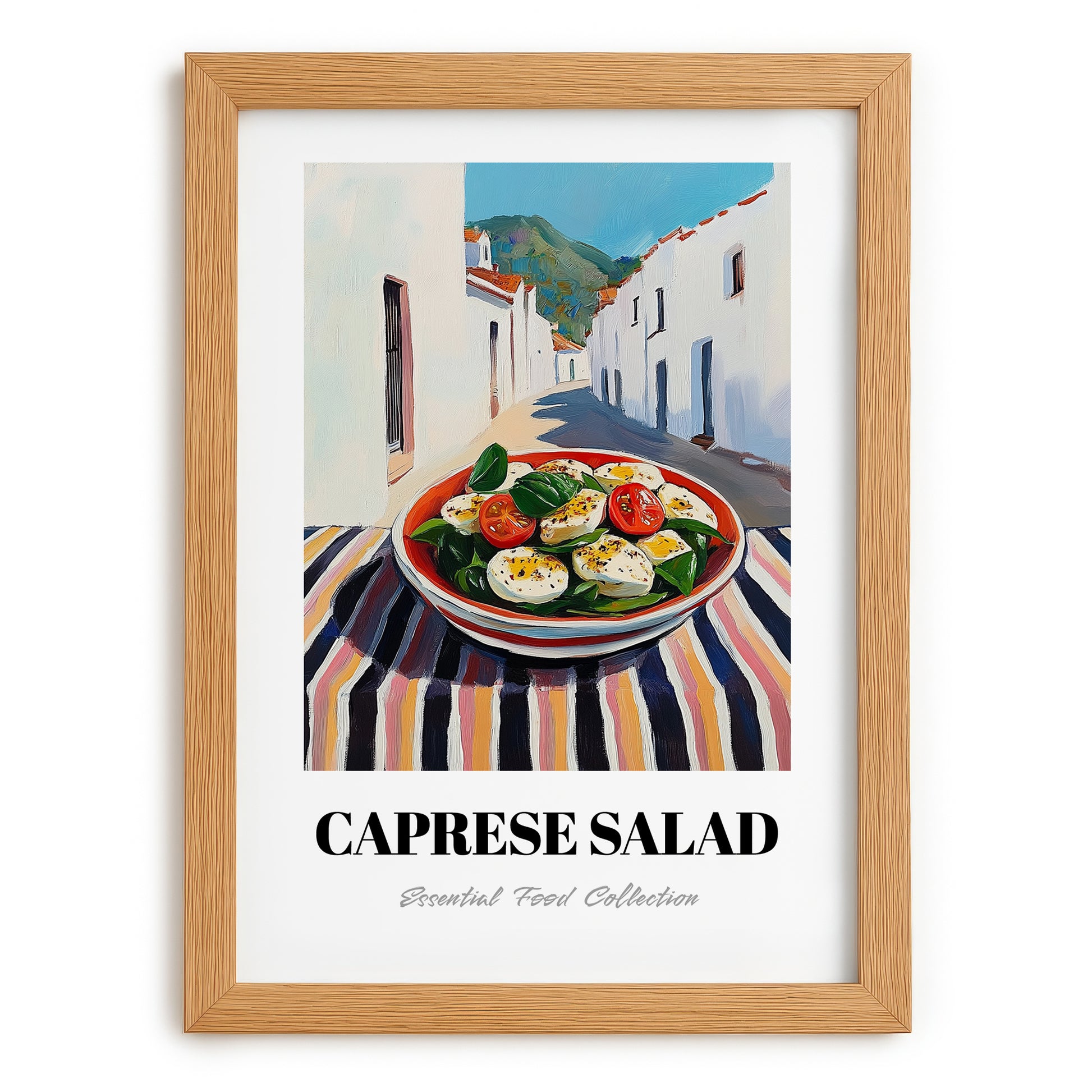 Caprese Salad – White village Urban Café Scene, Italian Food Wall Decor, set in oak frame