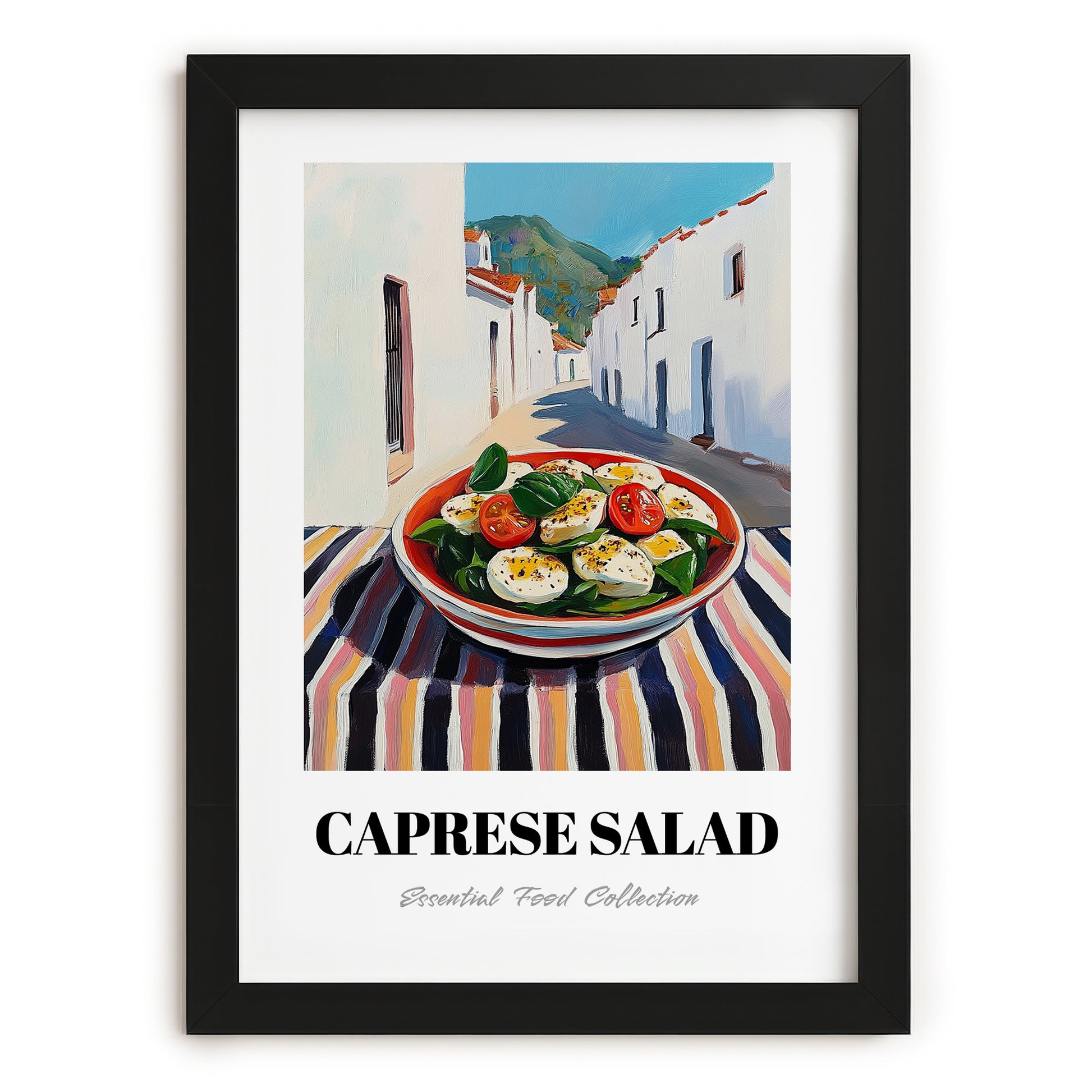 Caprese Salad – White village Urban Café Scene, Italian Food Wall Decor, in sleek black frame
