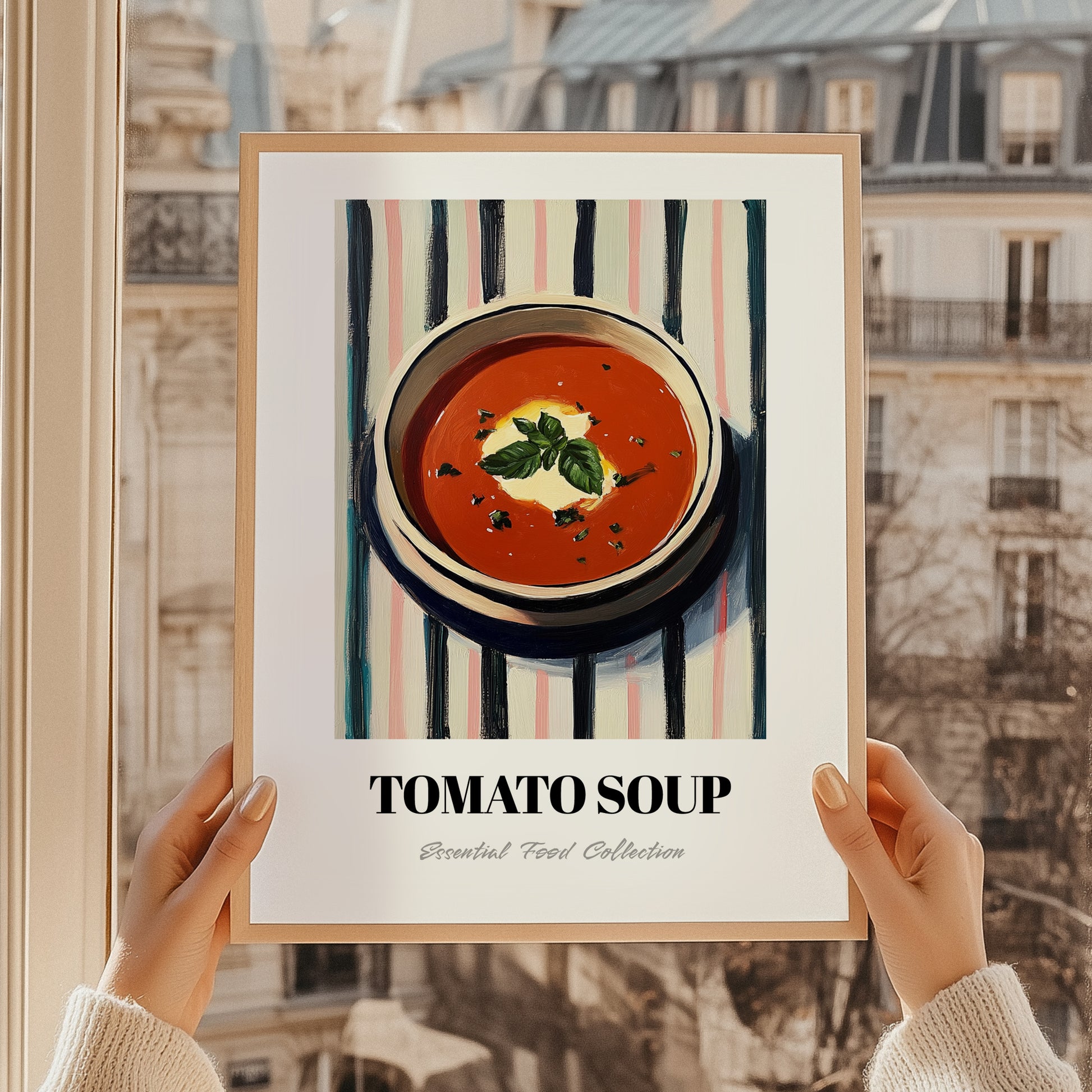 Tomato Soup – on Striped Tablecloth, American Food Art, styled in a charming Paris street view