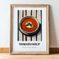 Tomato Soup – on Striped Tablecloth, American Food Art, in wooden frame leaning on the floor