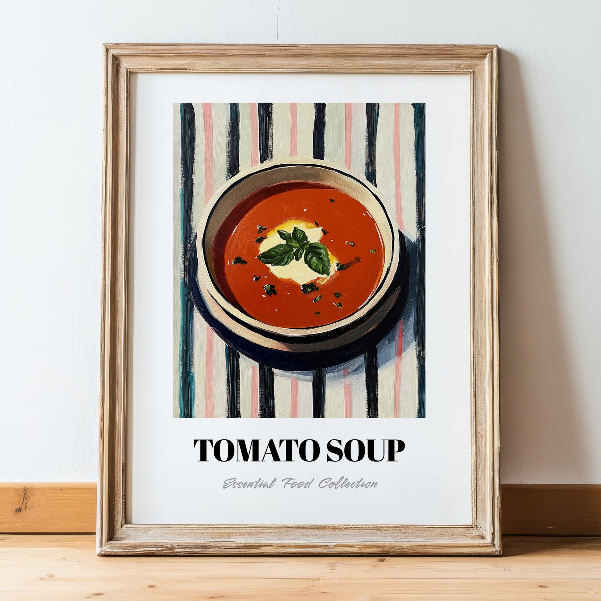 Tomato Soup – on Striped Tablecloth, American Food Art, in wooden frame leaning on the floor