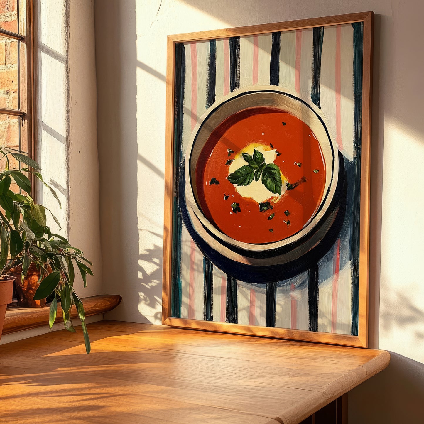 Tomato Soup – on Striped Tablecloth, American Food Art, clean layout with no caption