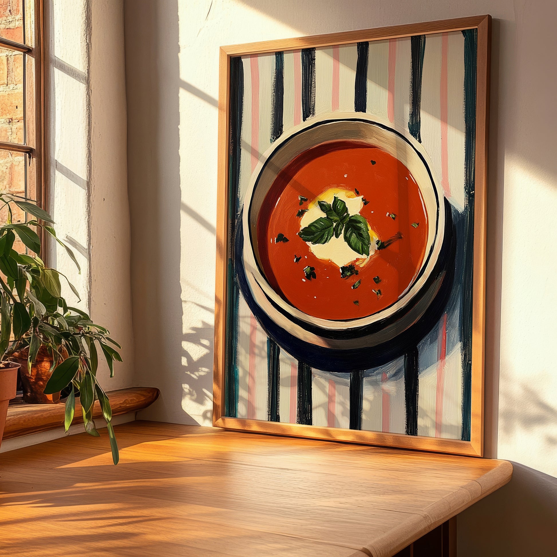 Tomato Soup – on Striped Tablecloth, American Food Art, clean layout with no caption