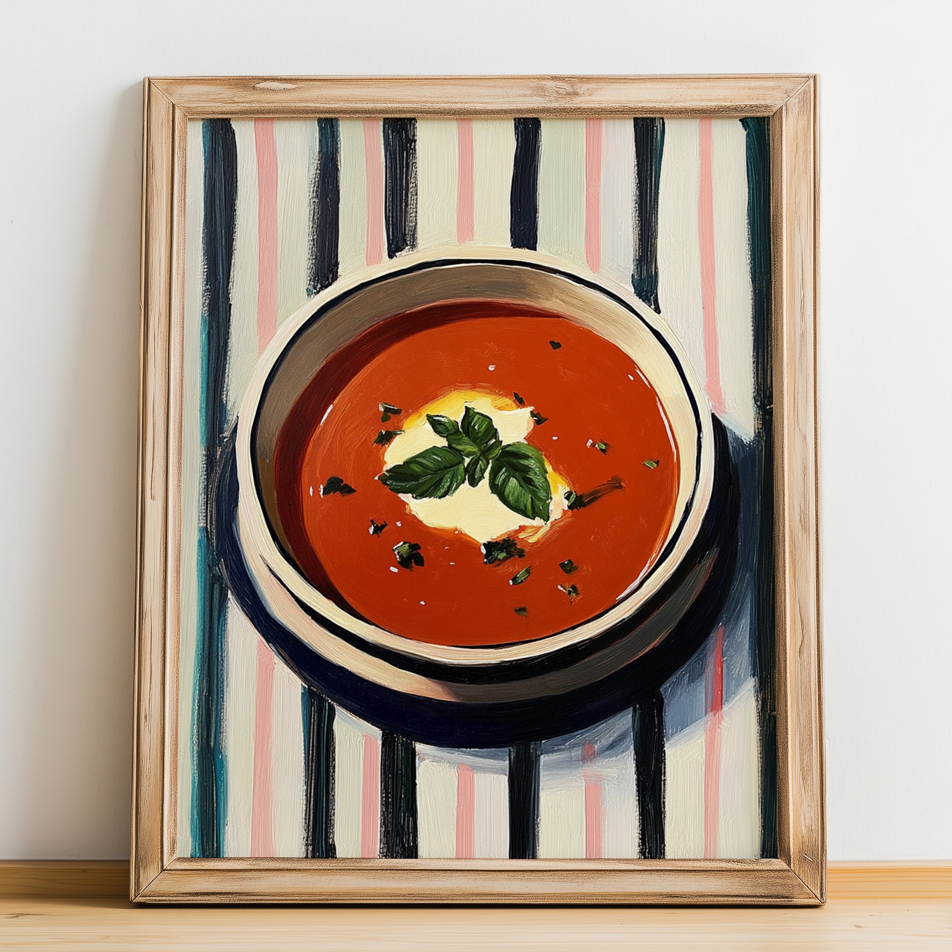 Tomato Soup – on Striped Tablecloth, American Food Art, no-text version framed in wood