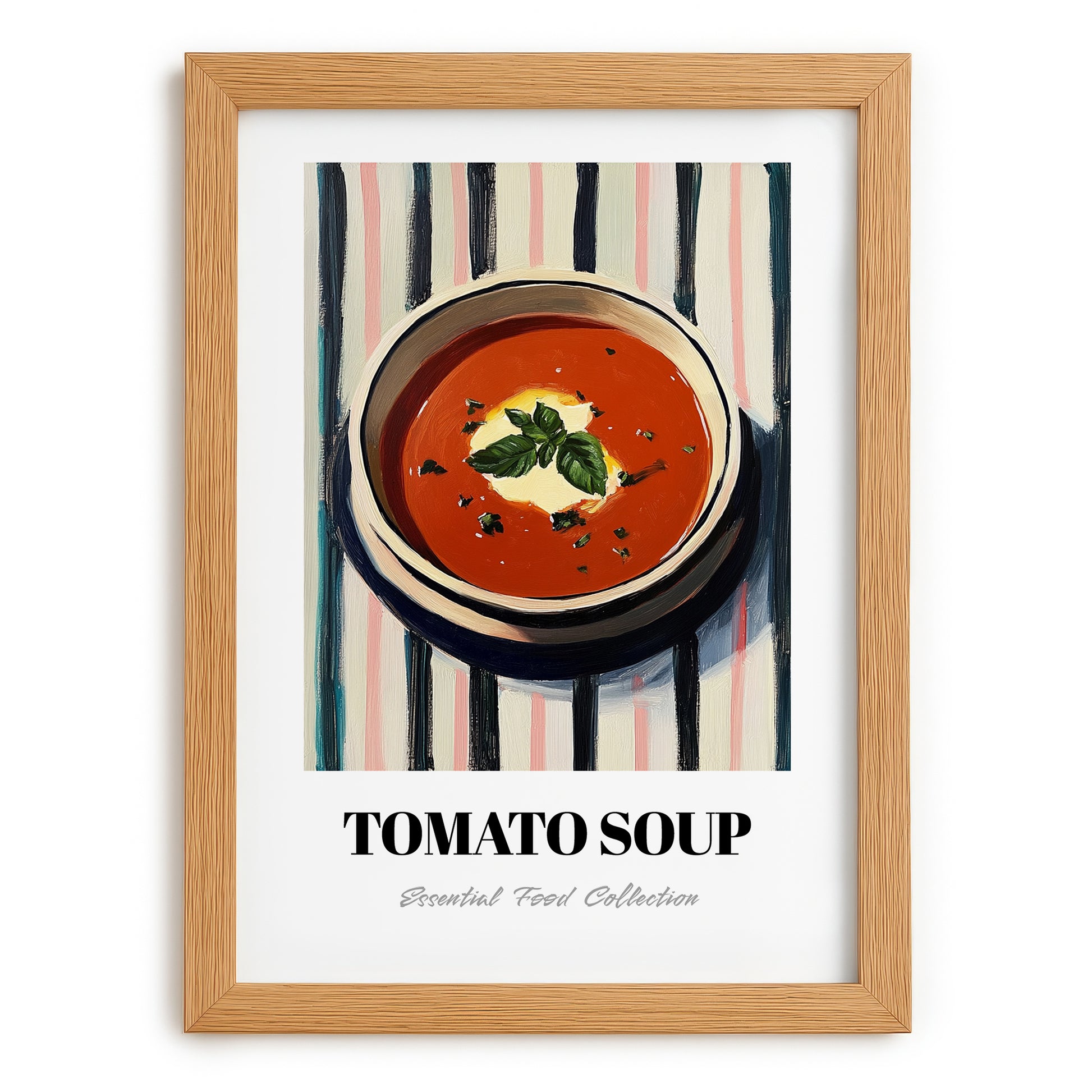 Tomato Soup – on Striped Tablecloth, American Food Art, set in oak frame
