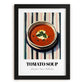 Tomato Soup – on Striped Tablecloth, American Food Art, in sleek black frame