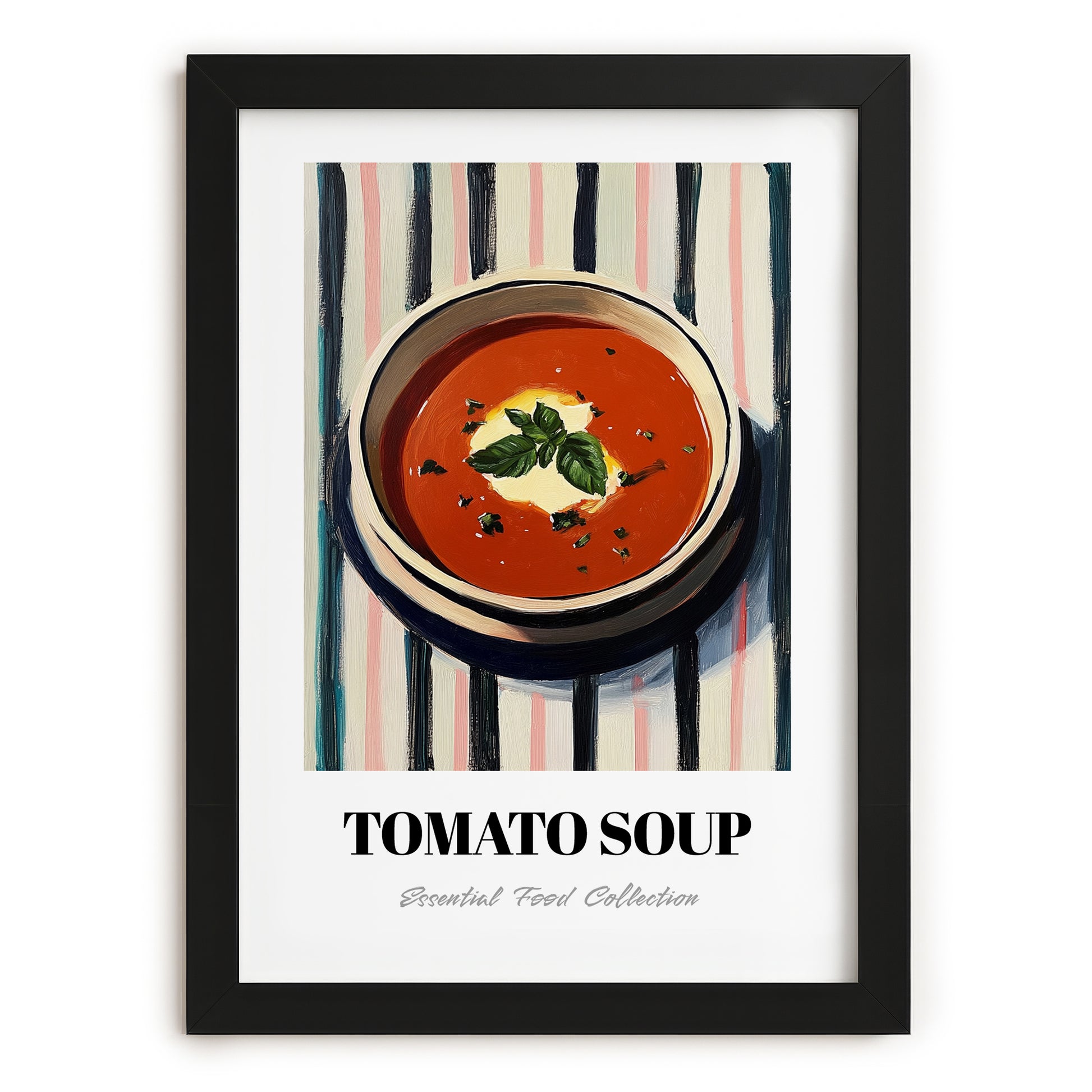 Tomato Soup – on Striped Tablecloth, American Food Art, in sleek black frame