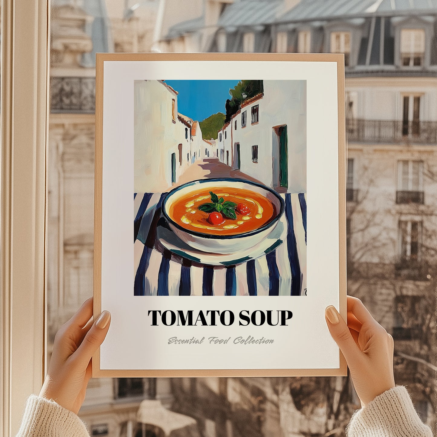 Tomato Soup – White village Outdoor Café Scene, American Food Still Life, styled in a charming Paris street view