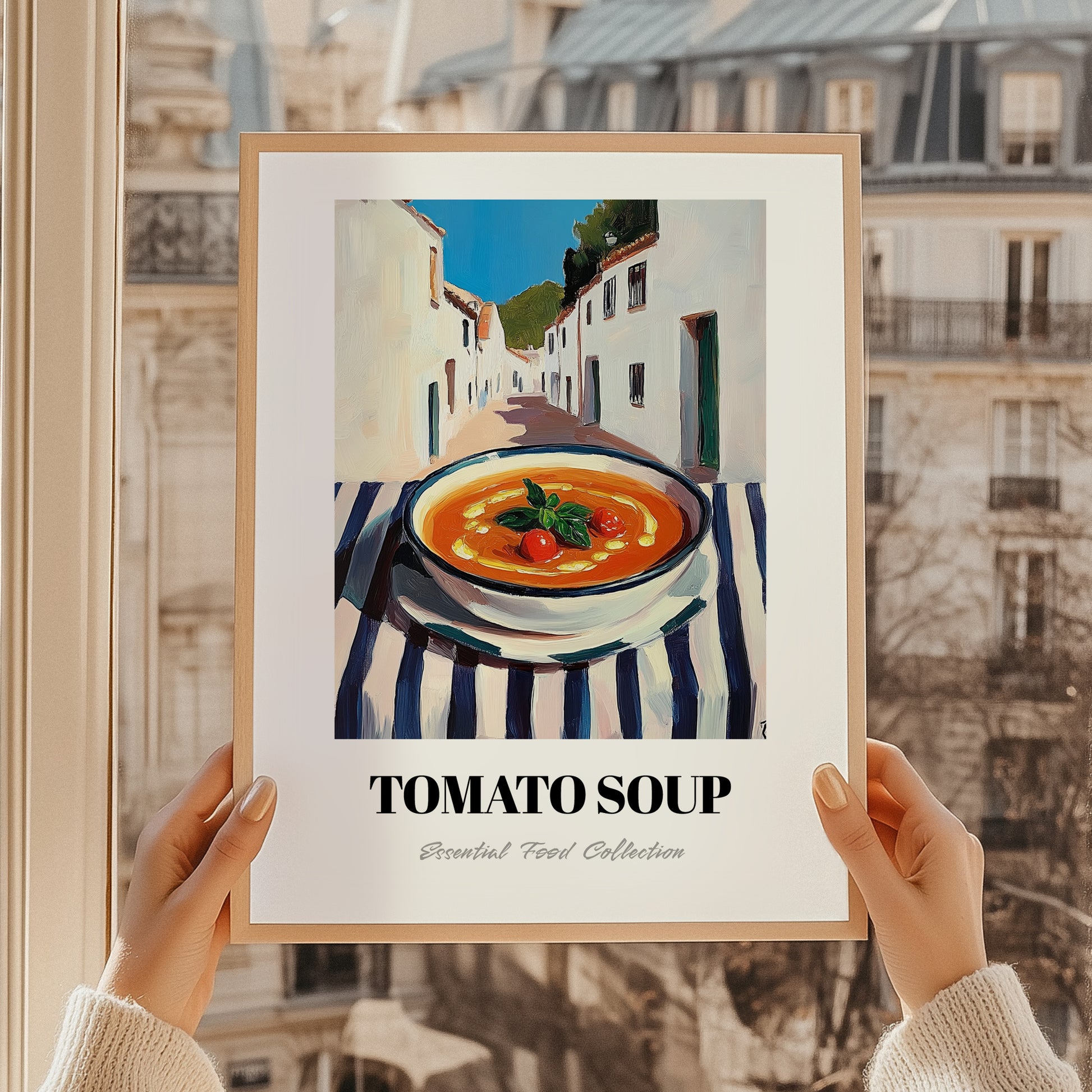 Tomato Soup – White village Outdoor Café Scene, American Food Still Life, styled in a charming Paris street view