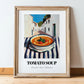 Tomato Soup – White village Outdoor Café Scene, American Food Still Life, in wooden frame leaning on the floor
