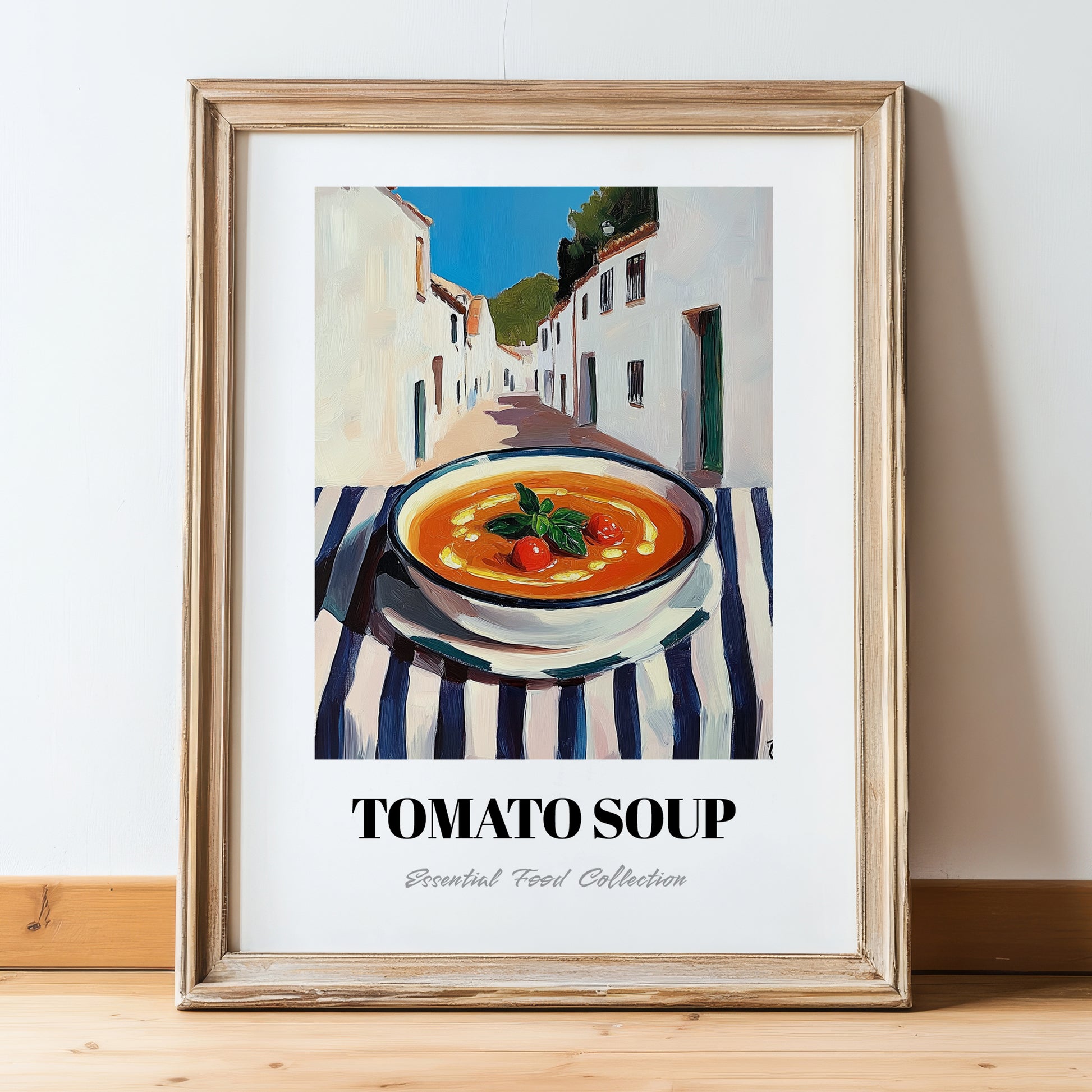 Tomato Soup – White village Outdoor Café Scene, American Food Still Life, in wooden frame leaning on the floor