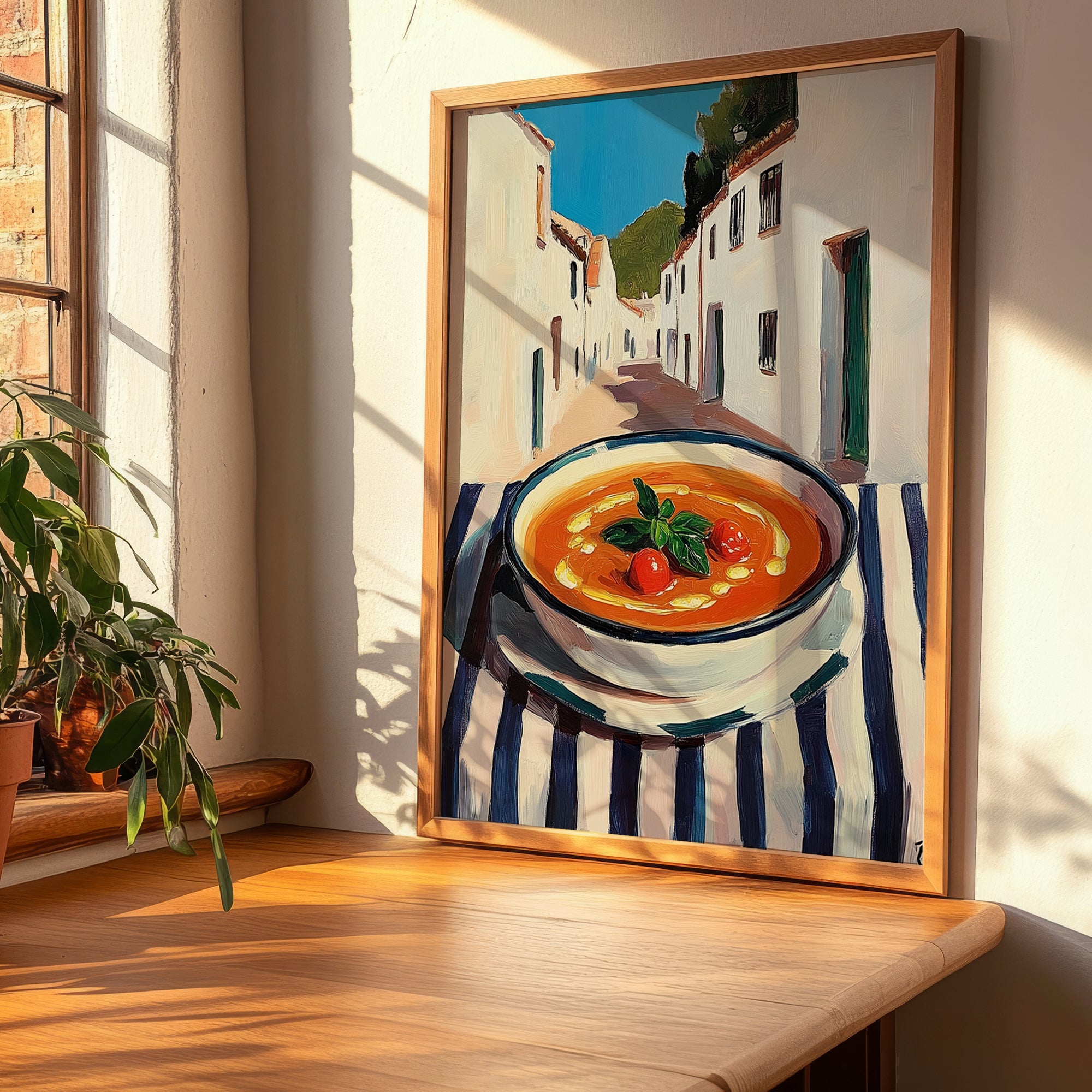 Tomato Soup – White village Outdoor Café Scene, American Food Still Life, clean layout with no caption