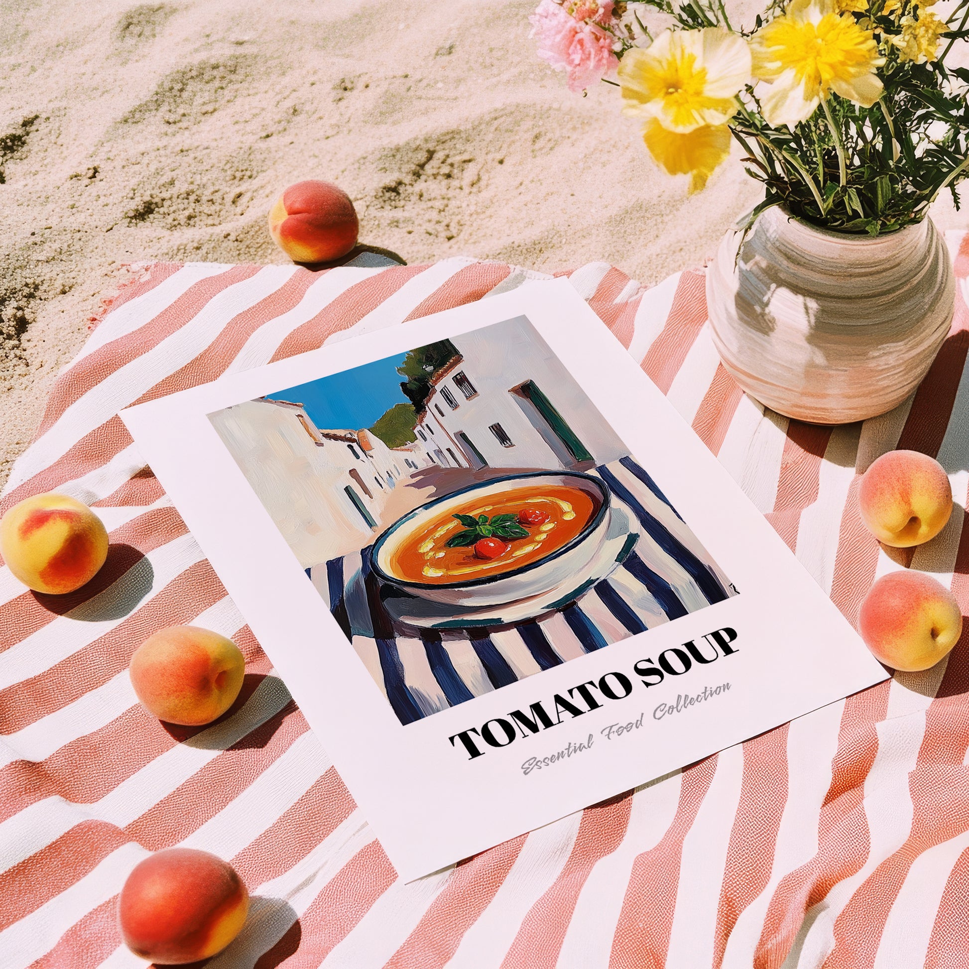 Tomato Soup – White village Outdoor Café Scene, American Food Still Life, unframed on coastal sand