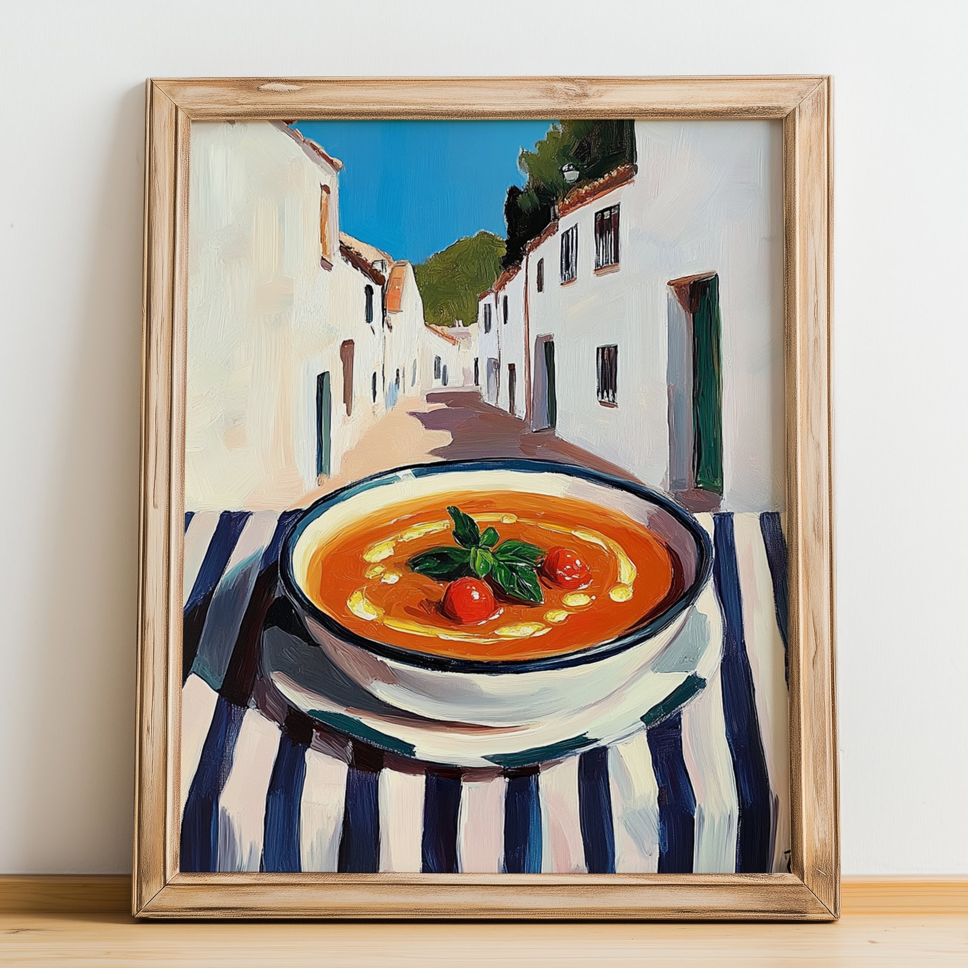 Tomato Soup – White village Outdoor Café Scene, American Food Still Life, no-text version framed in wood
