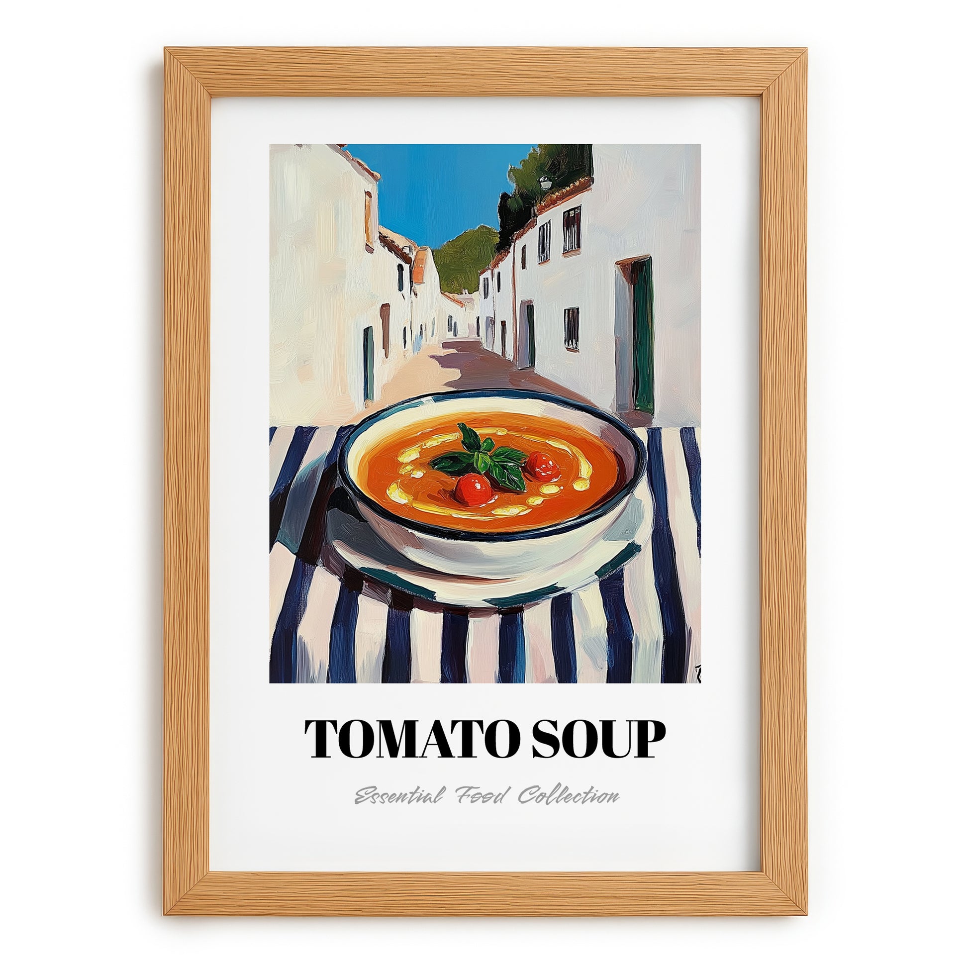 Tomato Soup – White village Outdoor Café Scene, American Food Still Life, set in oak frame
