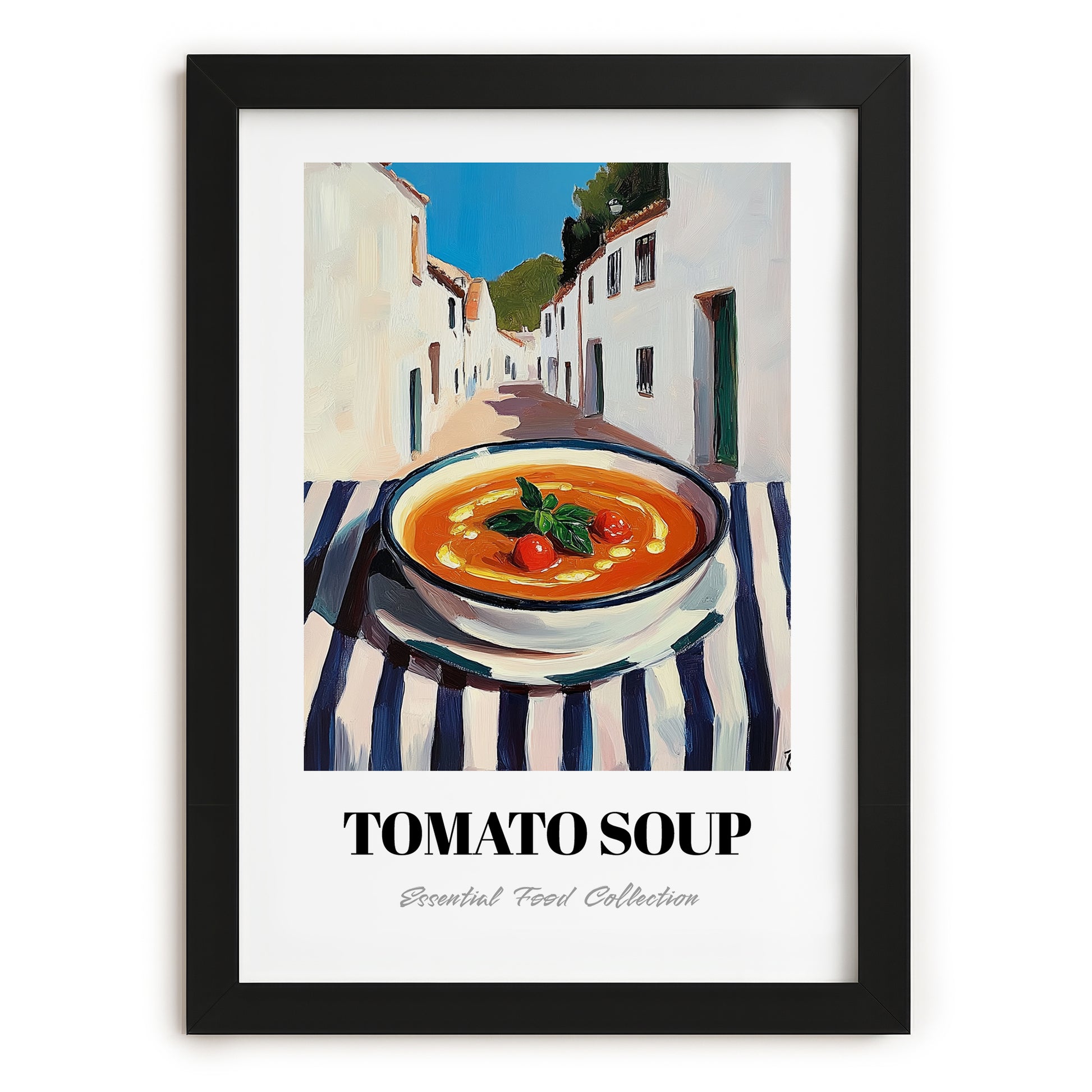 Tomato Soup – White village Outdoor Café Scene, American Food Still Life, in sleek black frame