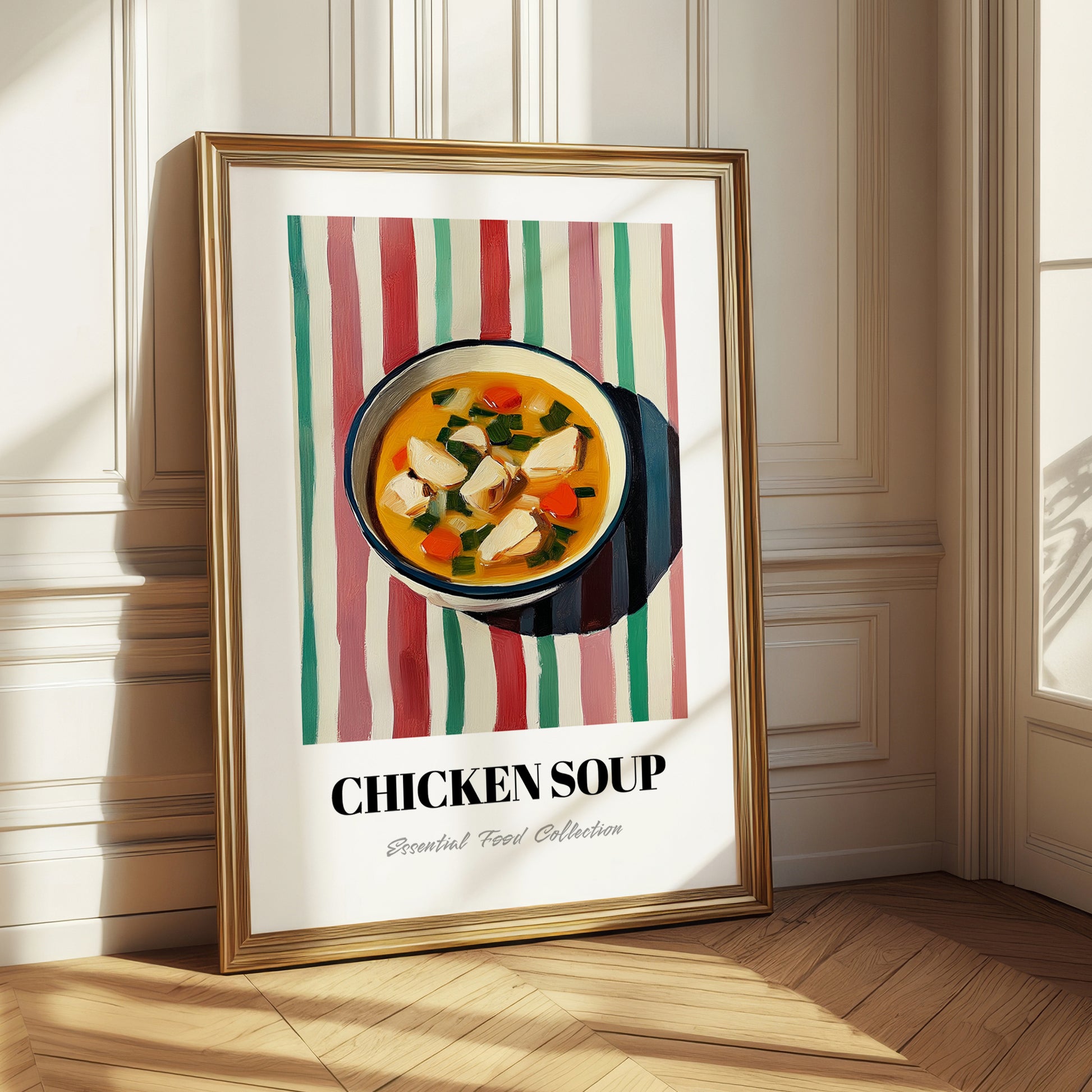 Chicken Soup – on Striped Tablecloth, American Food Art