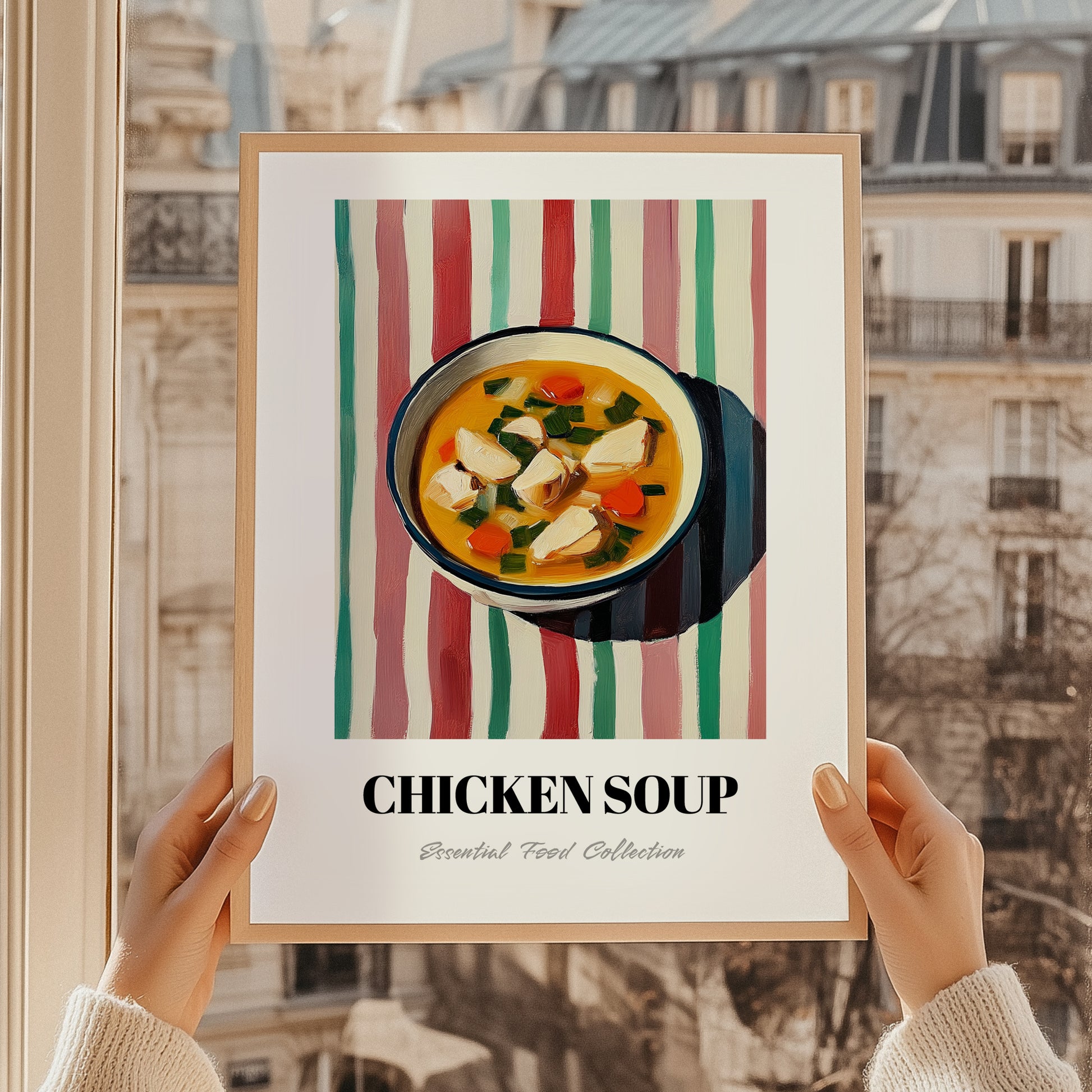 Chicken Soup – on Striped Tablecloth, American Food Art, styled in a charming Paris street view