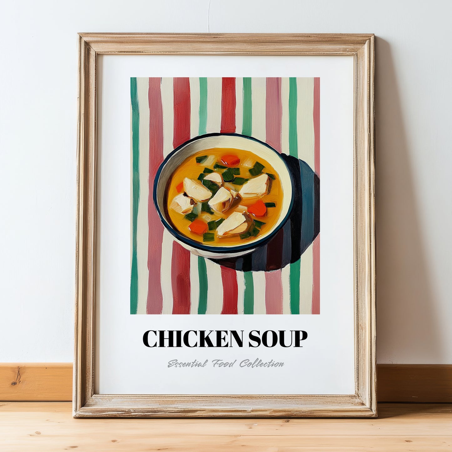 Chicken Soup – on Striped Tablecloth, American Food Art, in wooden frame leaning on the floor