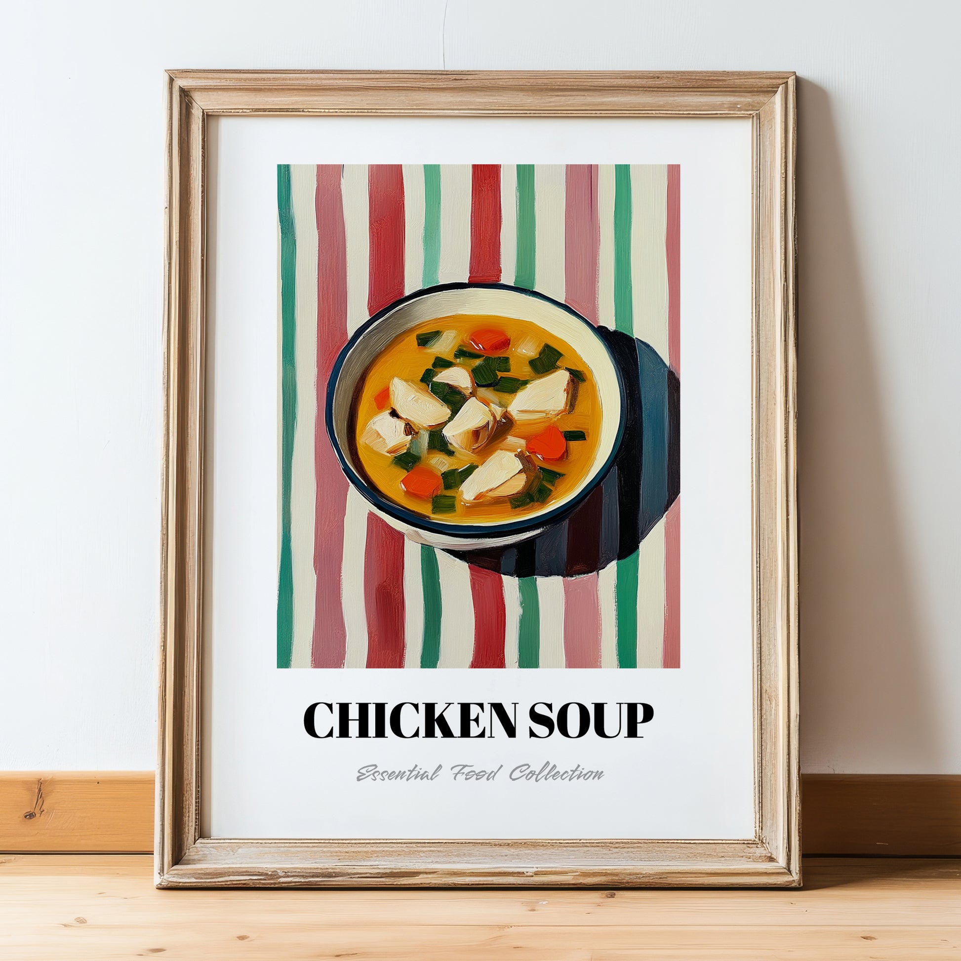 Chicken Soup – on Striped Tablecloth, American Food Art, in wooden frame leaning on the floor