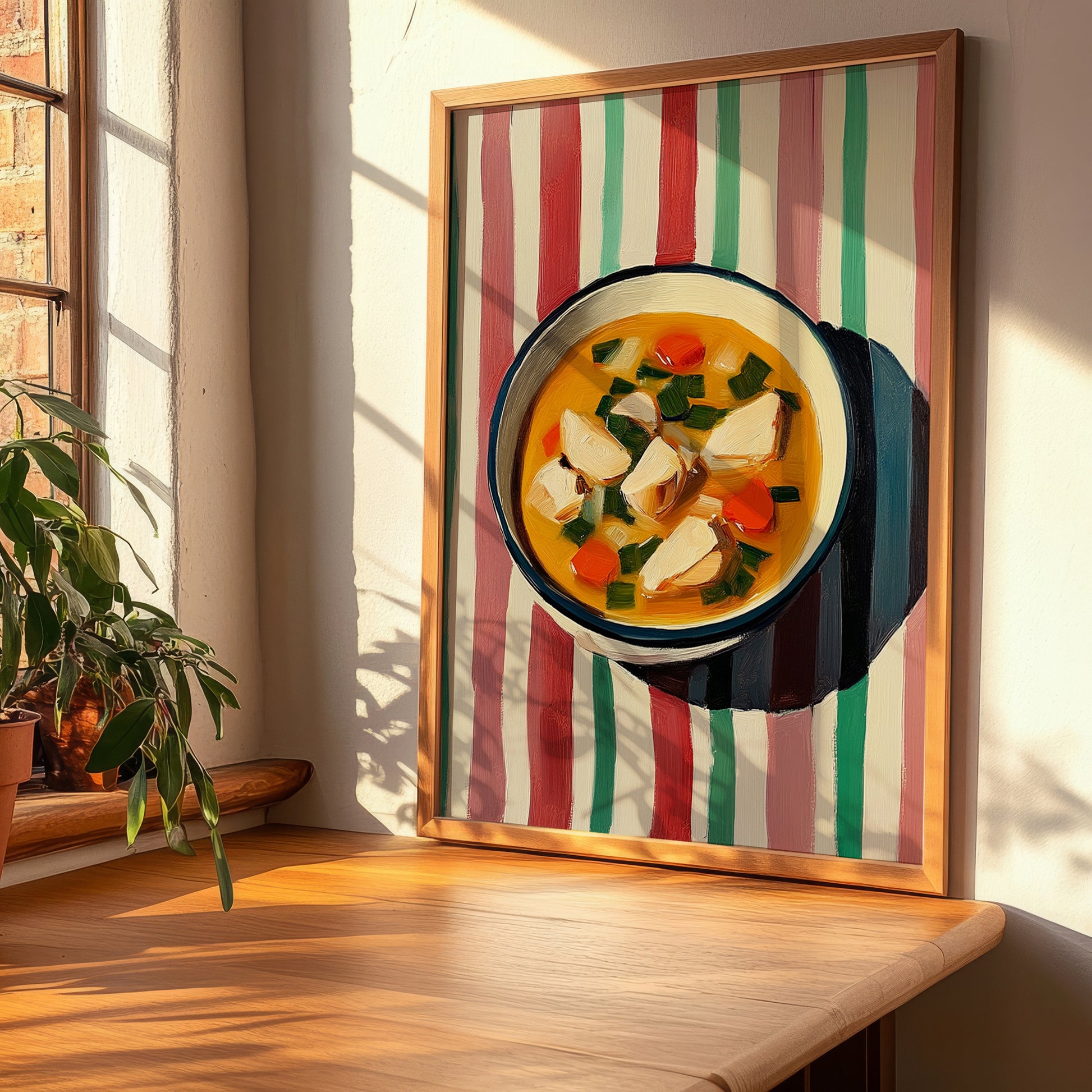 Chicken Soup – on Striped Tablecloth, American Food Art, clean layout with no caption
