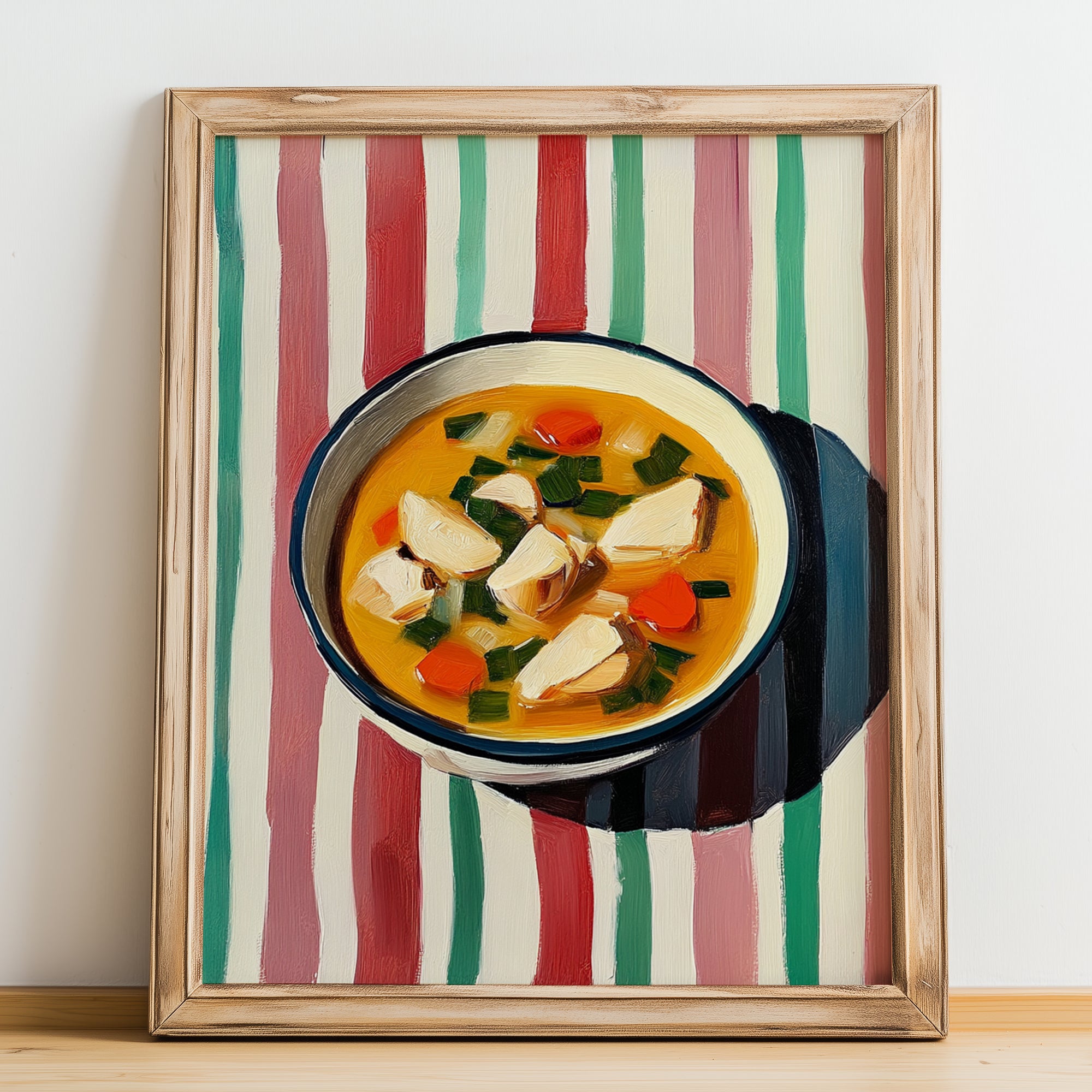 Chicken Soup – on Striped Tablecloth, American Food Art, no-text version framed in wood
