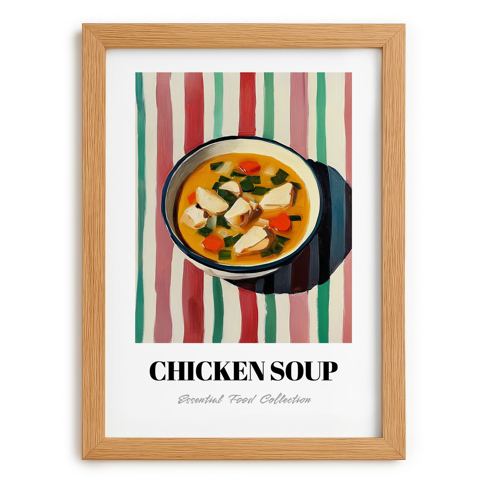Chicken Soup – on Striped Tablecloth, American Food Art, set in oak frame