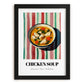 Chicken Soup – on Striped Tablecloth, American Food Art, in sleek black frame