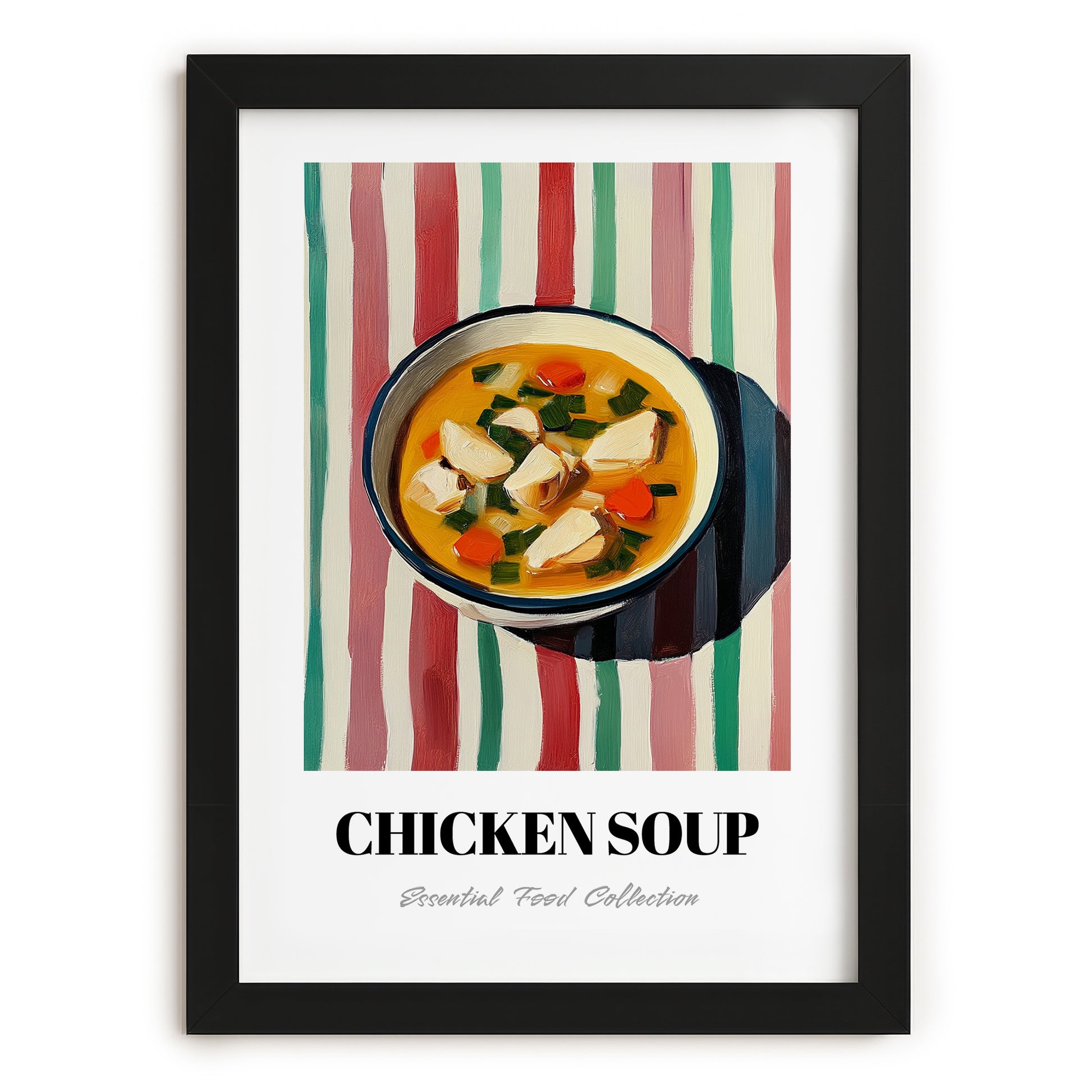 Chicken Soup – on Striped Tablecloth, American Food Art, in sleek black frame