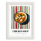 Chicken Soup – on Striped Tablecloth, American Food Art, placed in minimal white frame