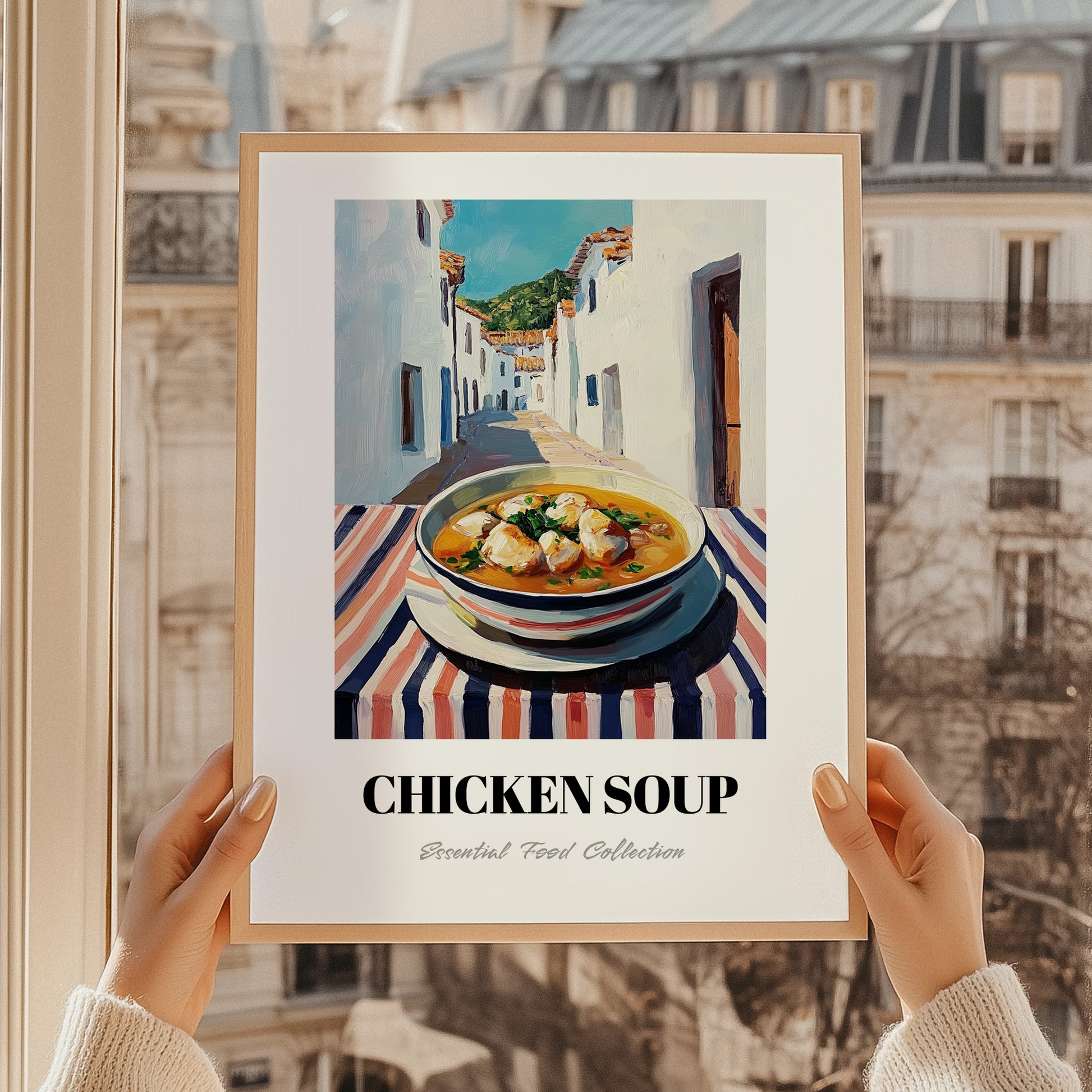 Chicken Soup – White village Urban Café Scene, American Food Painting, styled in a charming Paris street view