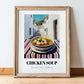 Chicken Soup – White village Urban Café Scene, American Food Painting, in wooden frame leaning on the floor