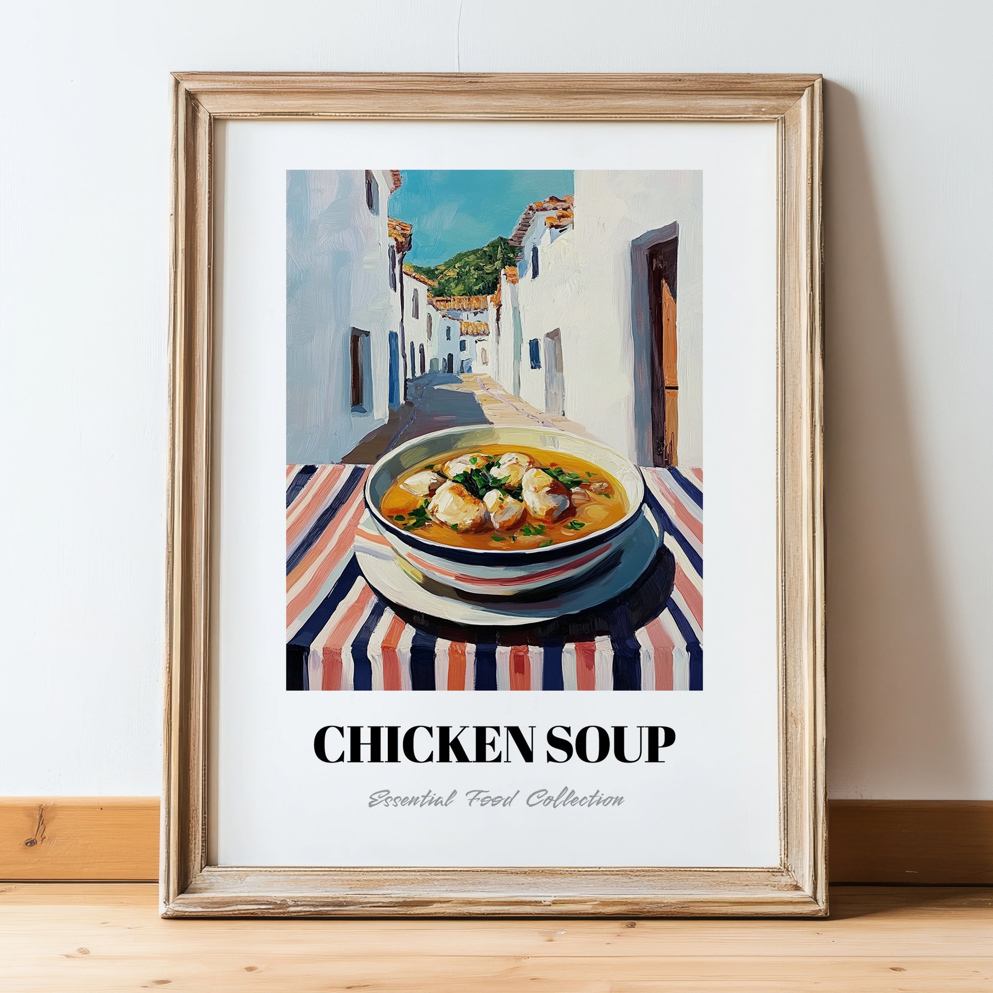 Chicken Soup – White village Urban Café Scene, American Food Painting, in wooden frame leaning on the floor