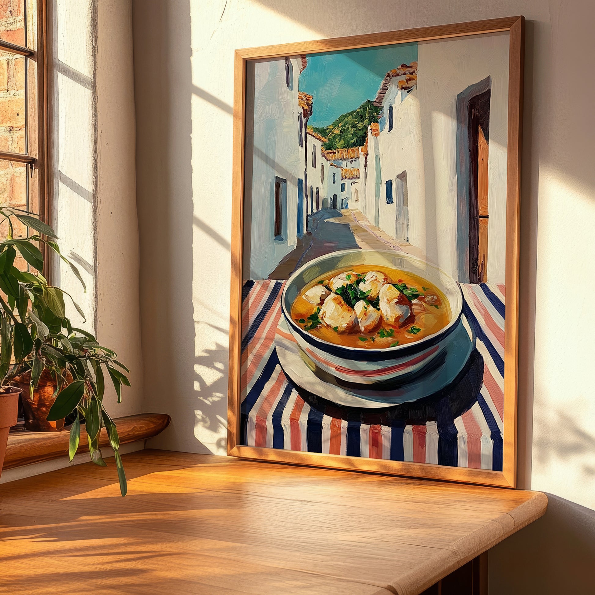 Chicken Soup – White village Urban Café Scene, American Food Painting, clean layout with no caption