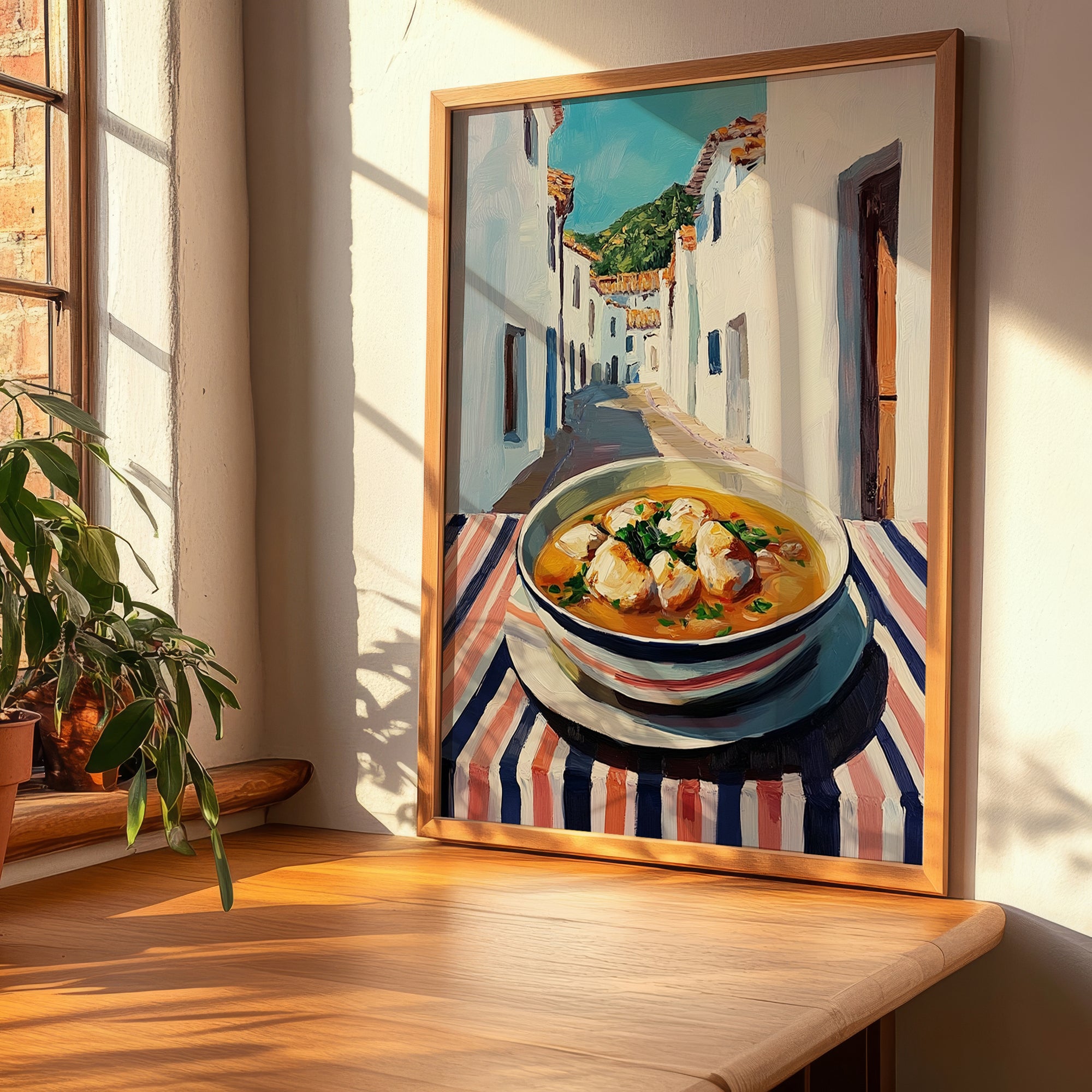 Chicken Soup – White village Urban Café Scene, American Food Painting, clean layout with no caption