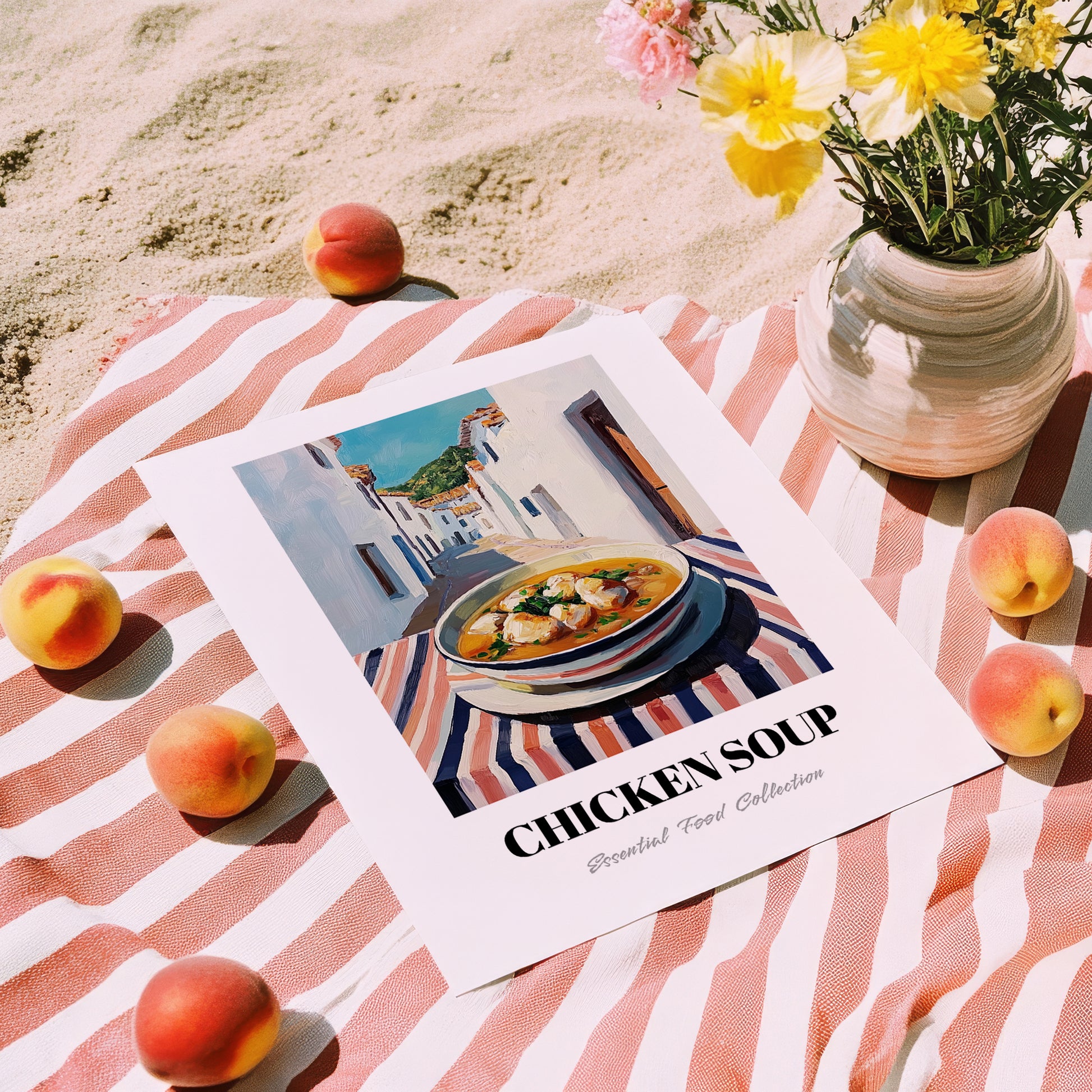 Chicken Soup – White village Urban Café Scene, American Food Painting, unframed on coastal sand